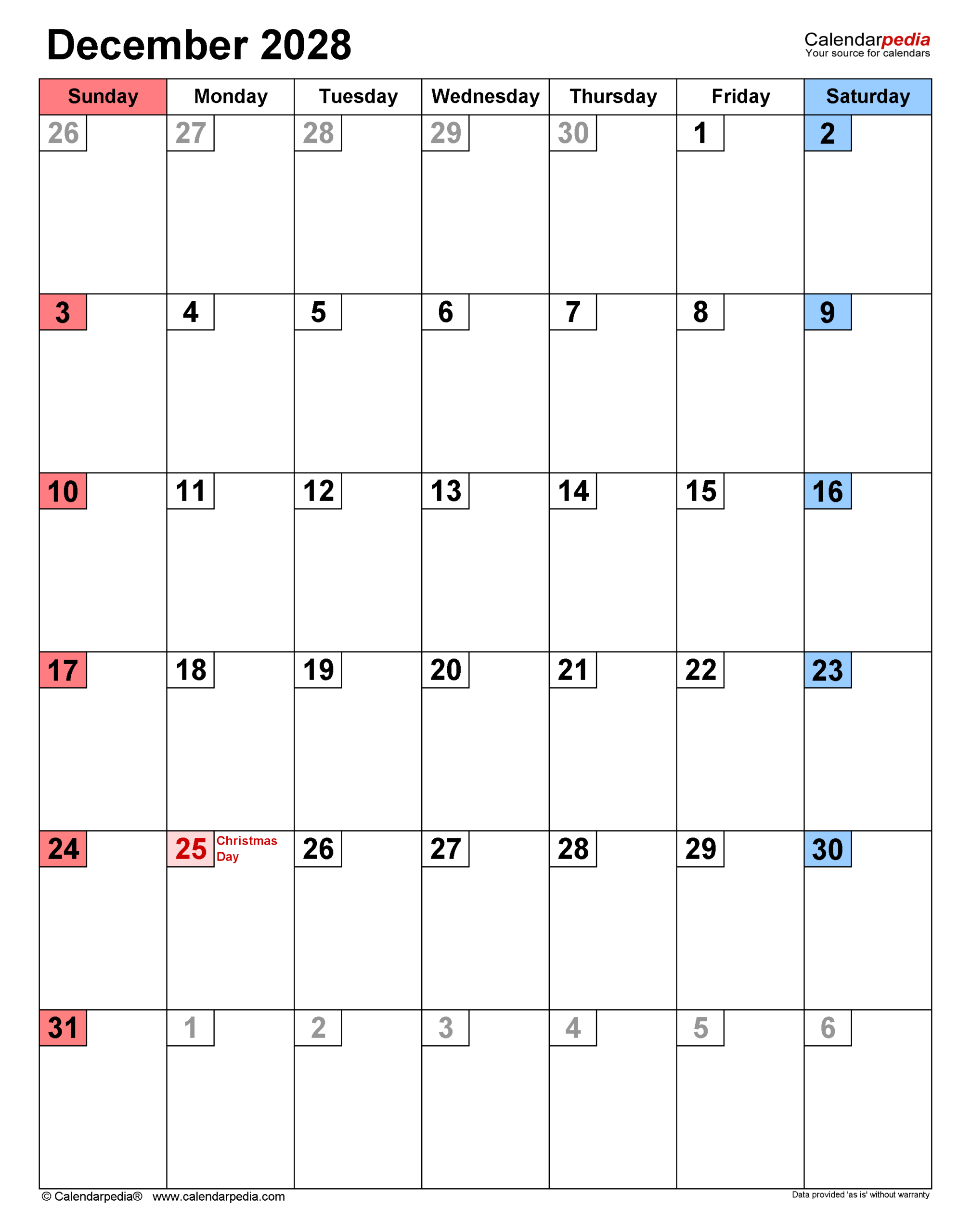 December 2028 Calendar Pdf Templates