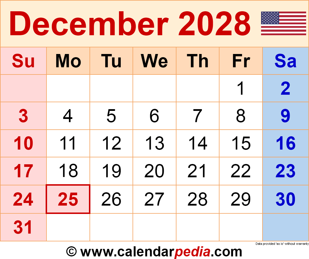 December 2028 Calendar Pdf Templates