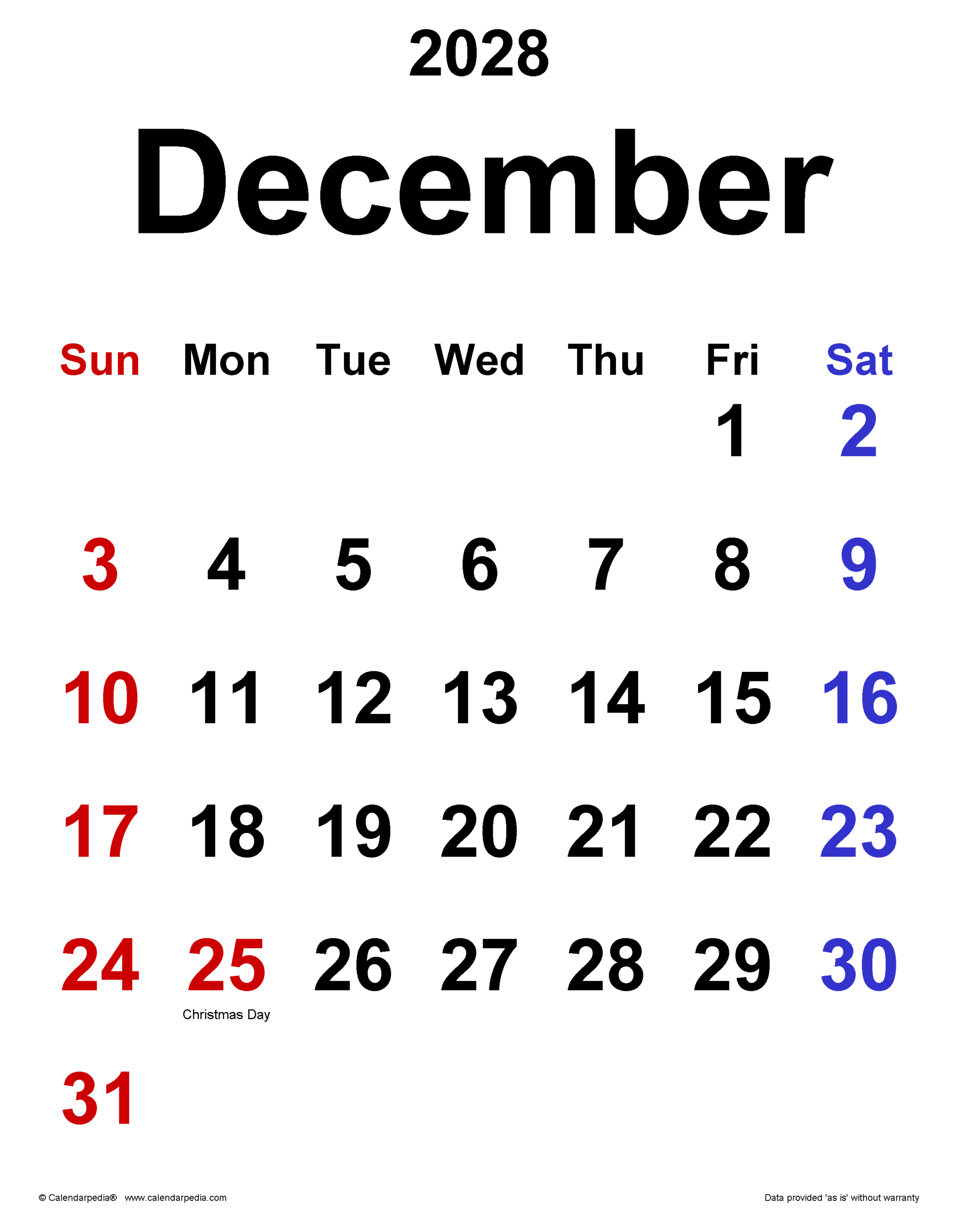 December 2028 Calendar Pdf Templates