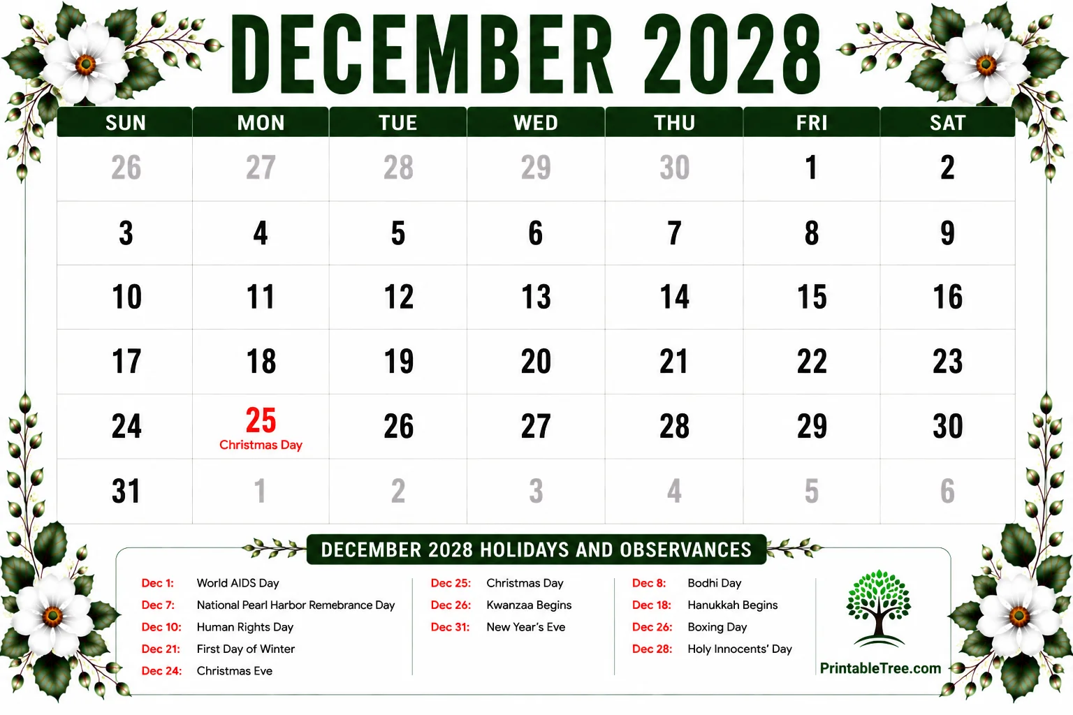 December 2028 Calendar Printable