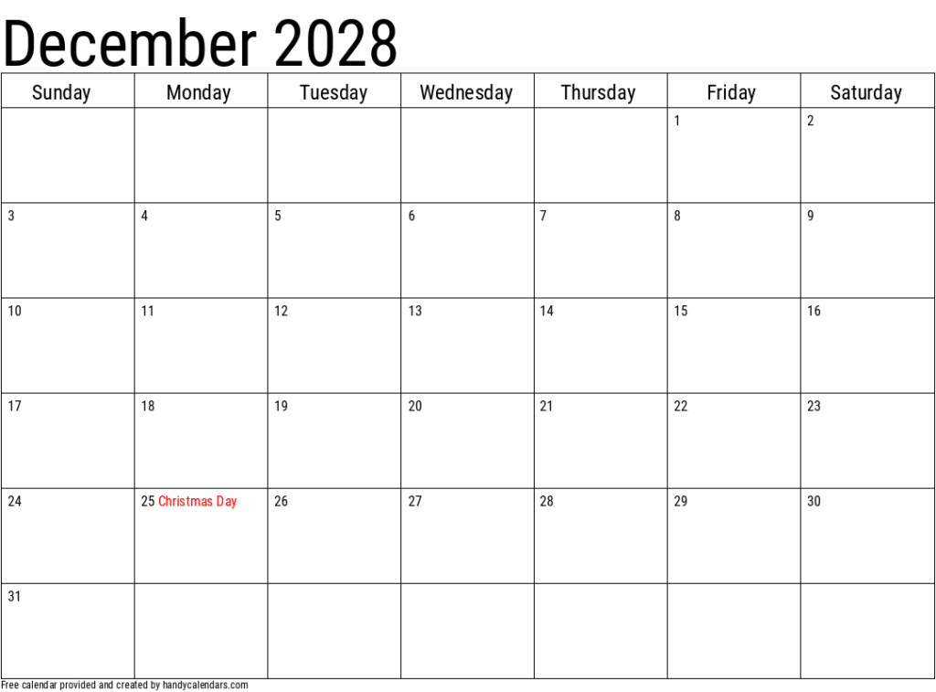 December 2028 Calendars