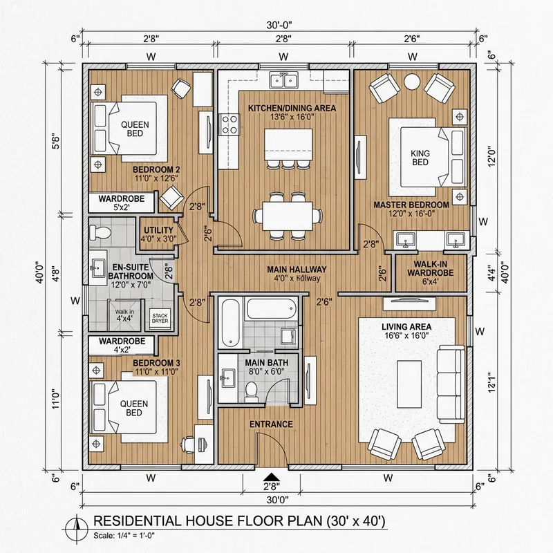 Detailed 3 Bedroom 30x40 House Floor Plan 2 Bathrooms