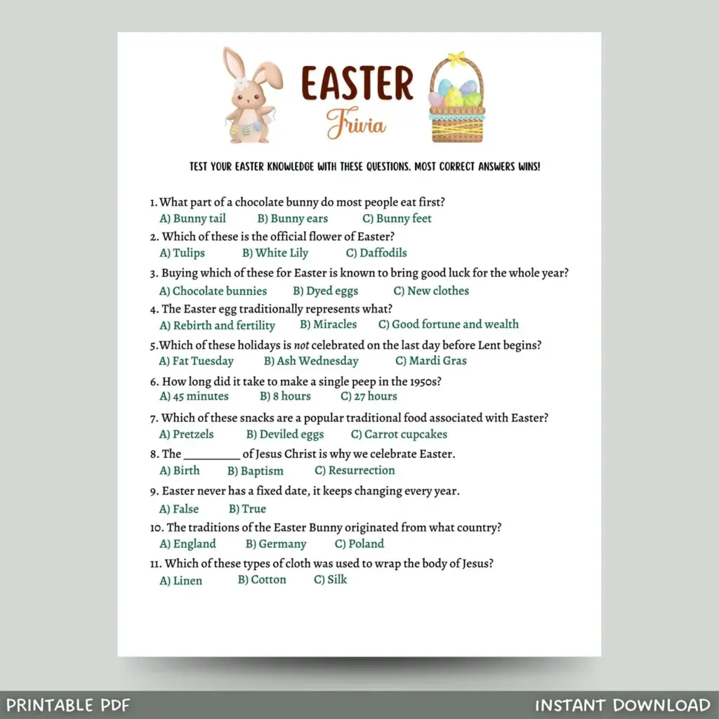 Easter Trivia Party Game Printable 07952