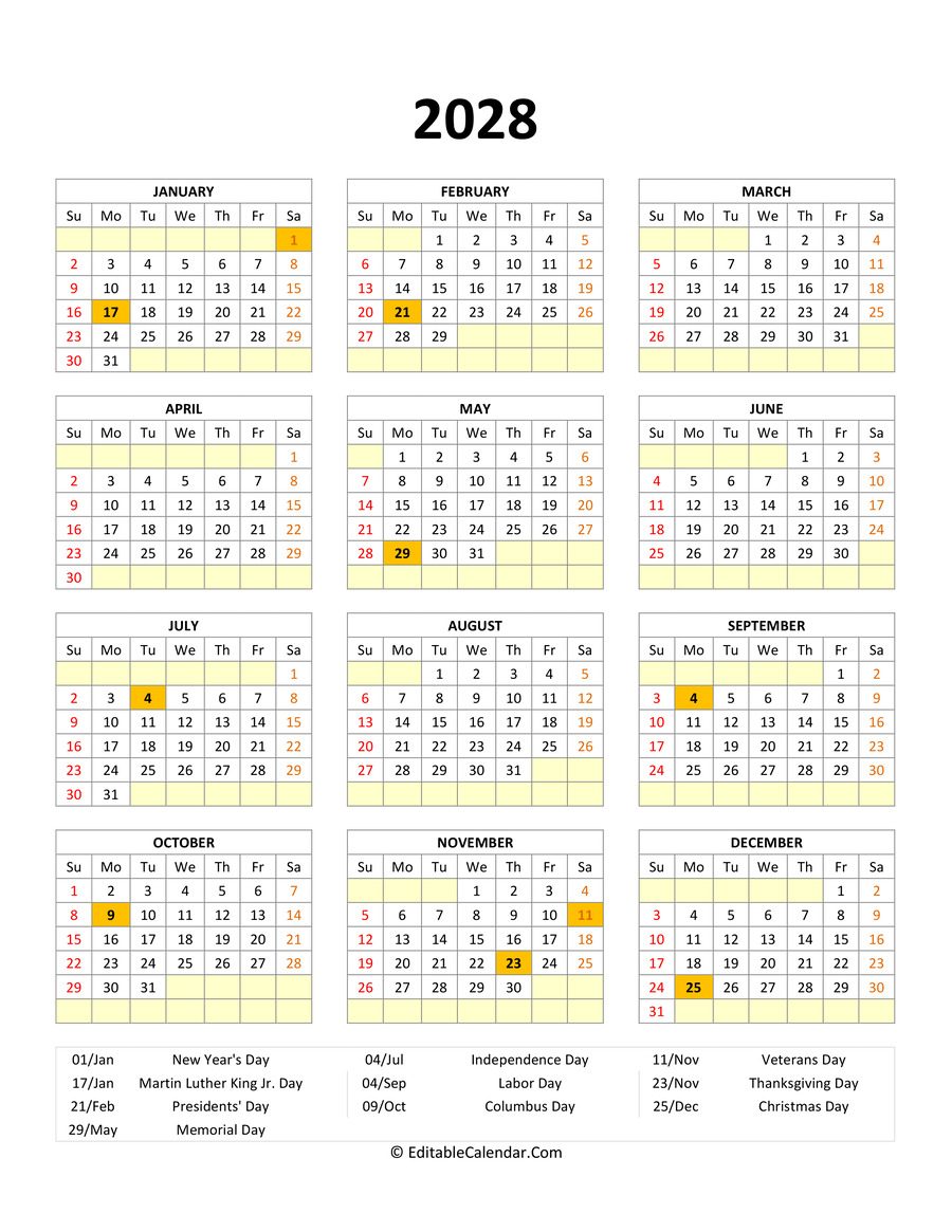 Editable 2028 Calendar With Holidays