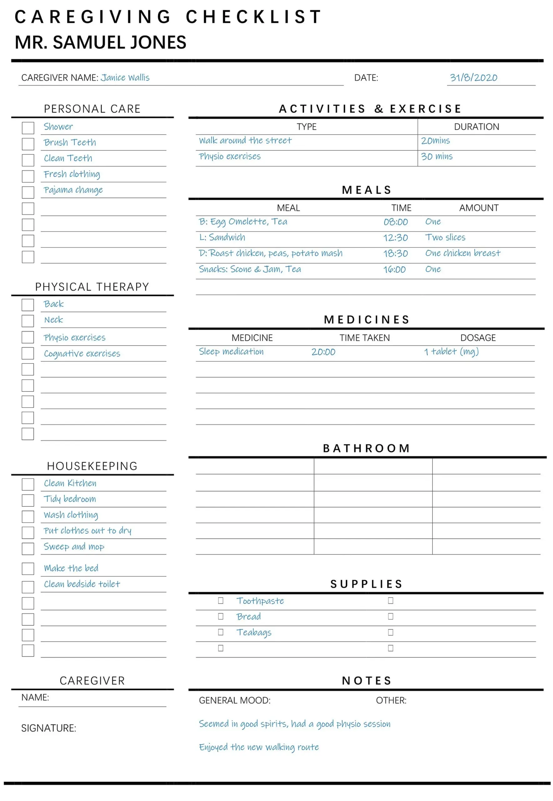 Editable Caregiving Elderly Care Checklist Printable