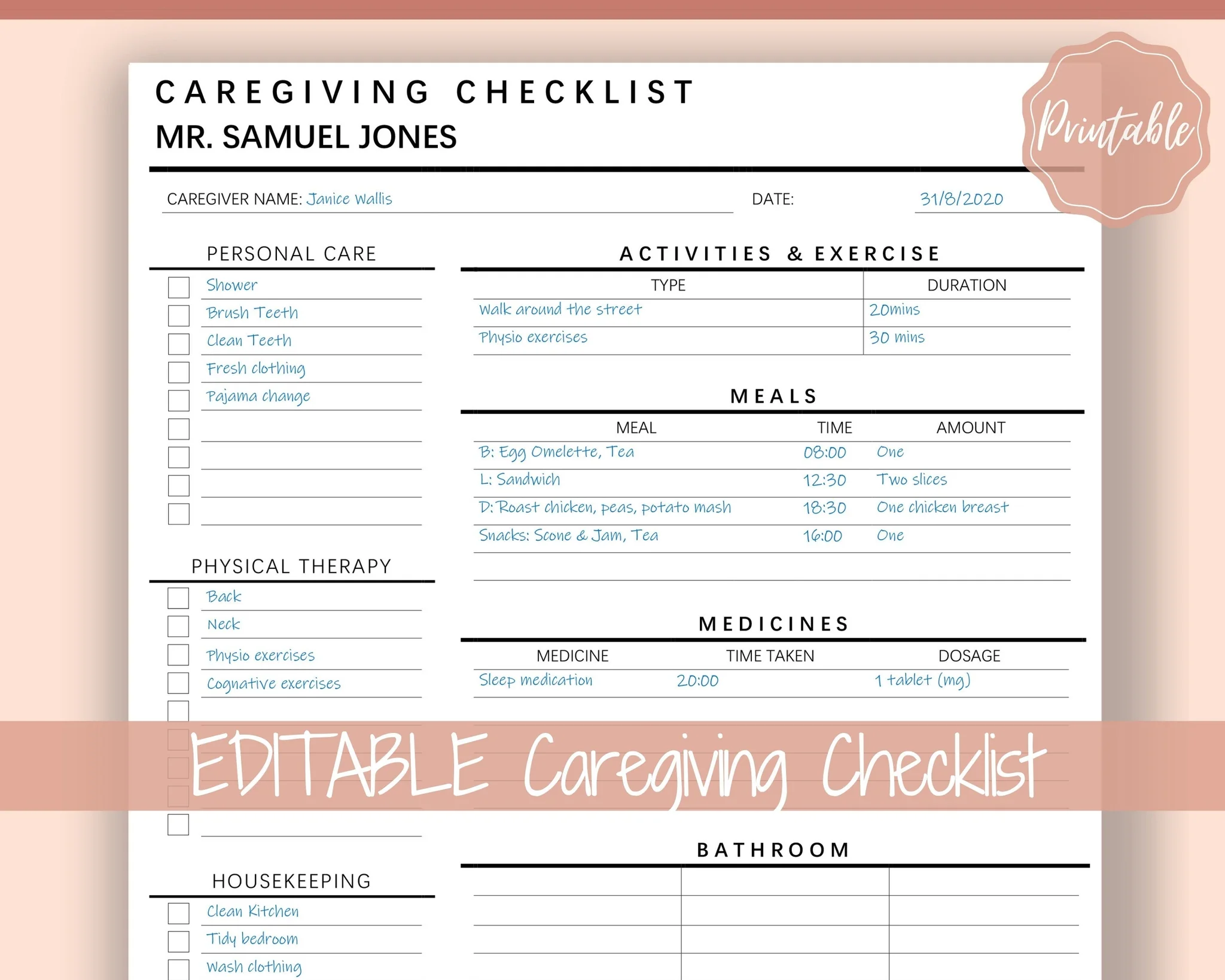 Editable Caregiving Elderly Care Checklist Printable
