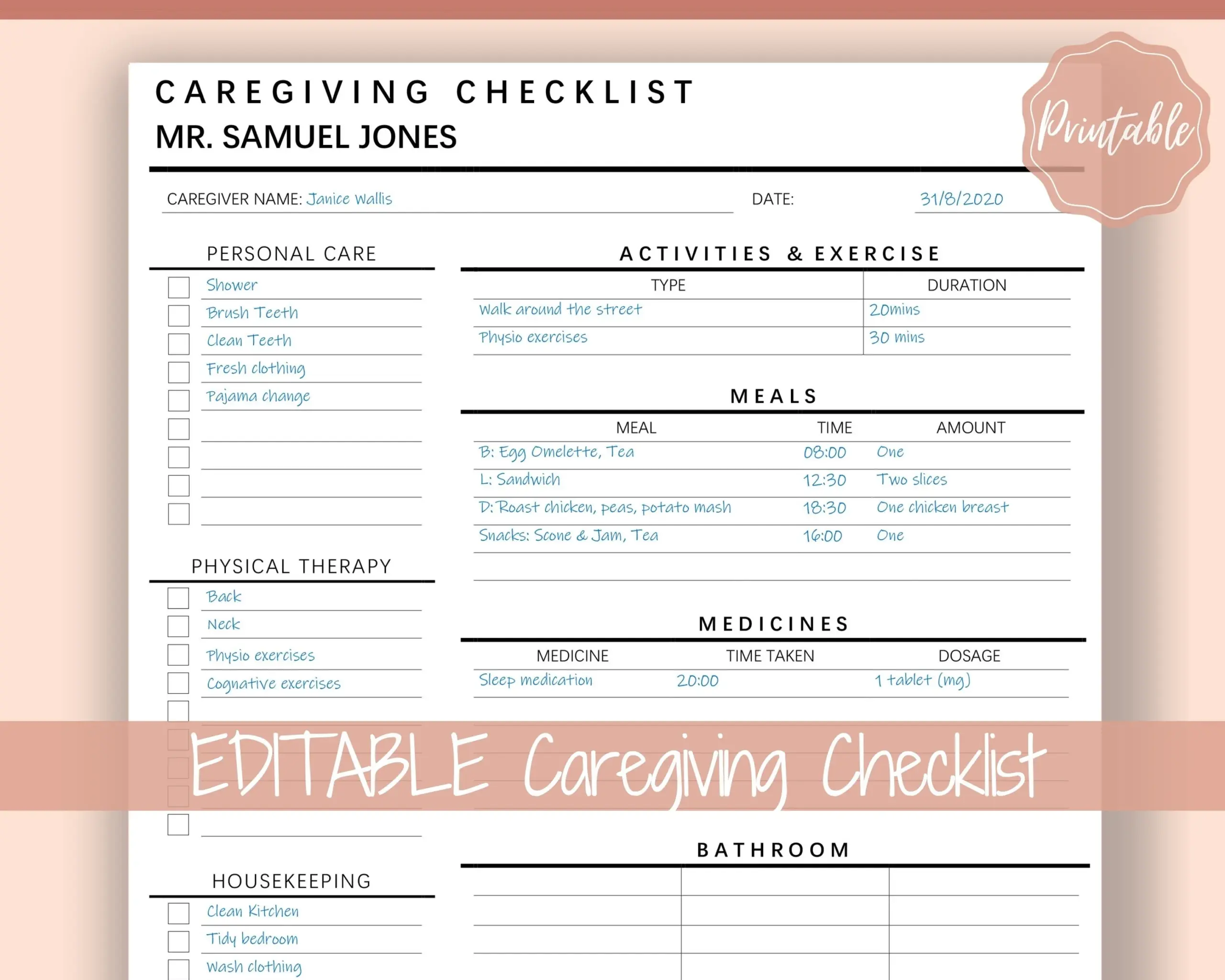 Editable Caregiving Elderly Care Checklist Printable
