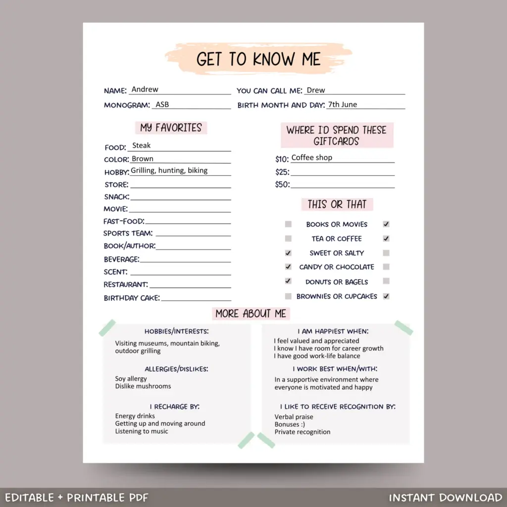 Editable Coworker Questions Printable 65626