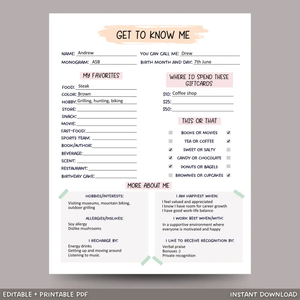 Editable Coworker Questions Printable 65626