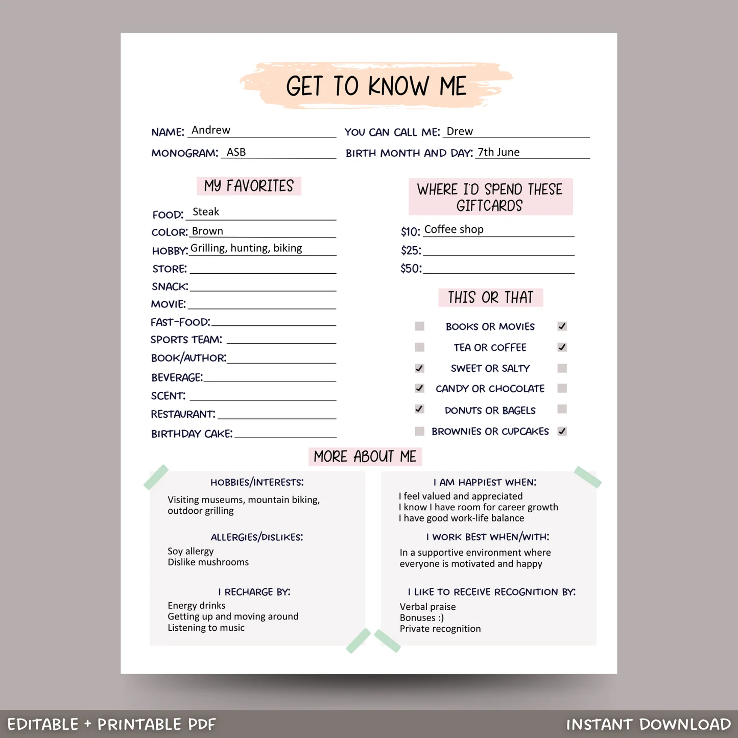 Editable Coworker Questions Printable 65626