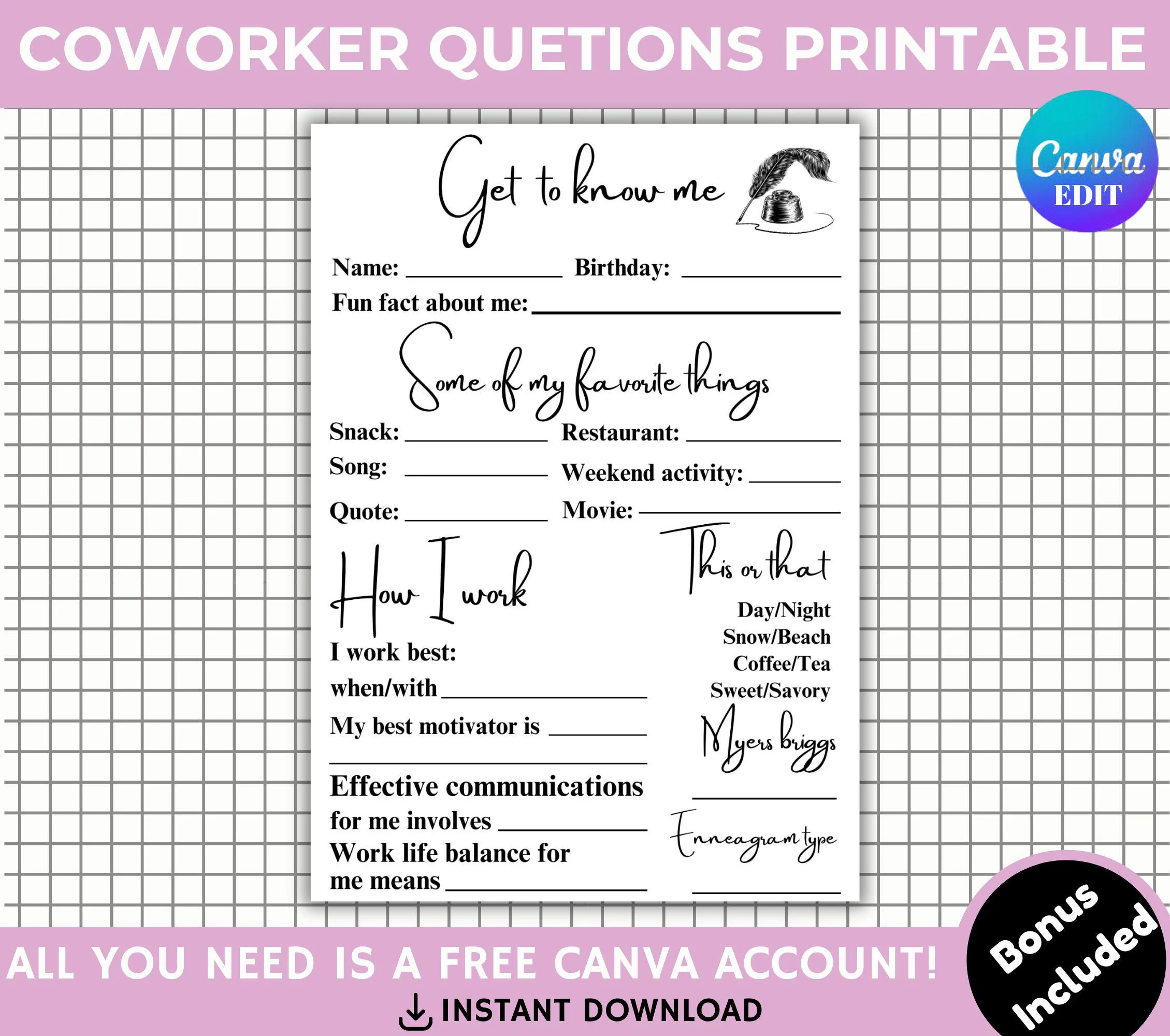 Editable Coworker Questions Printable