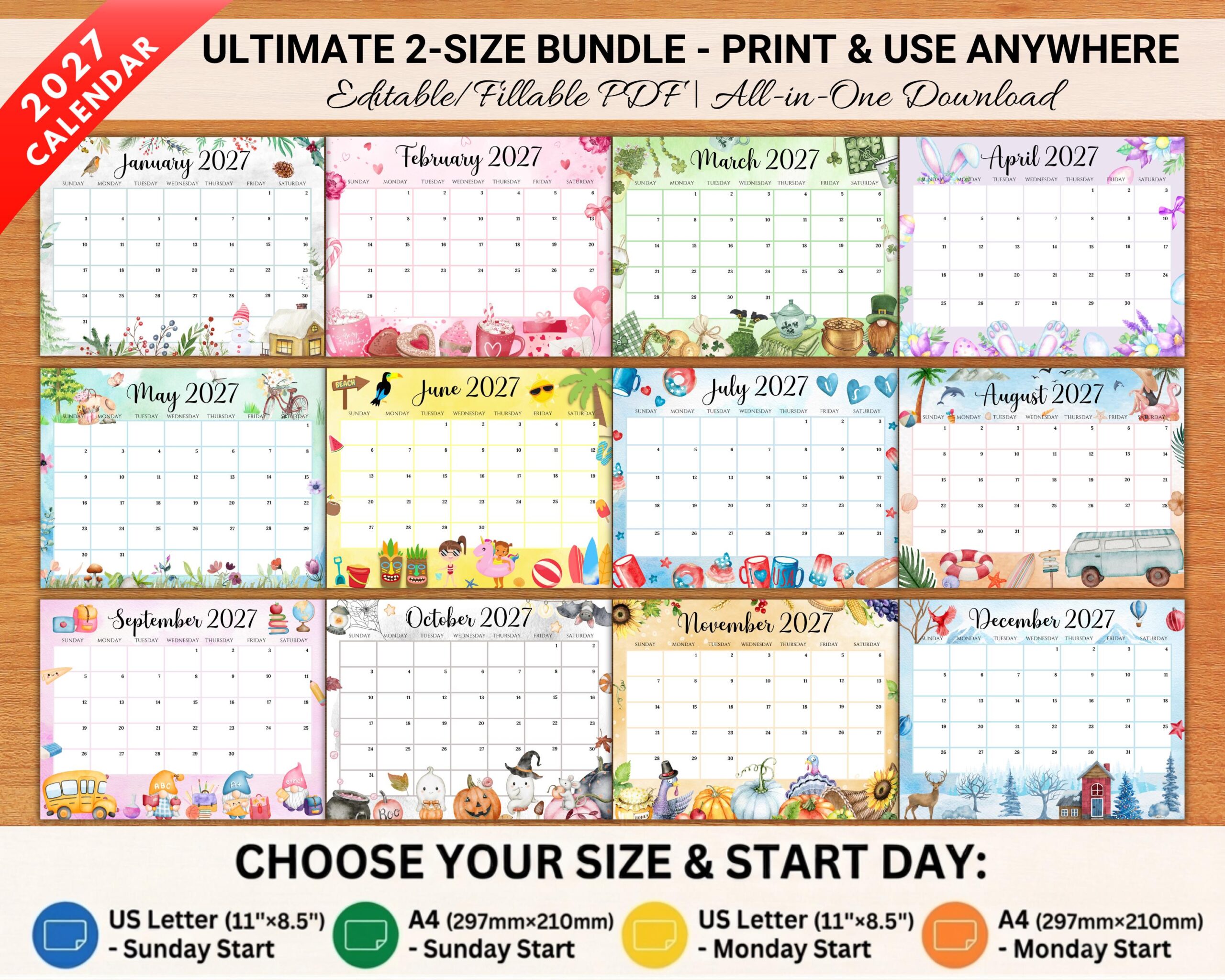 Editable Monthly Calendar 2025 Bundle