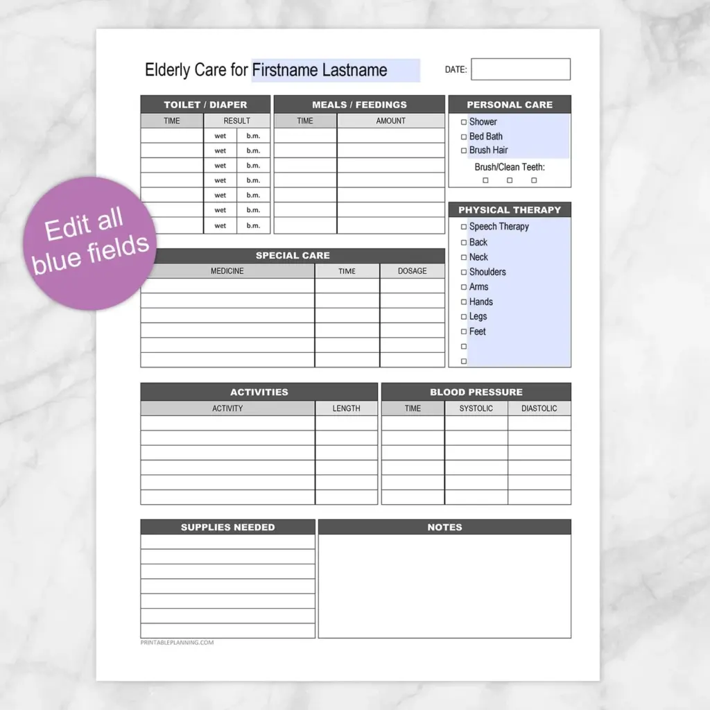 Elderly Care Daily Care Sheet Printable