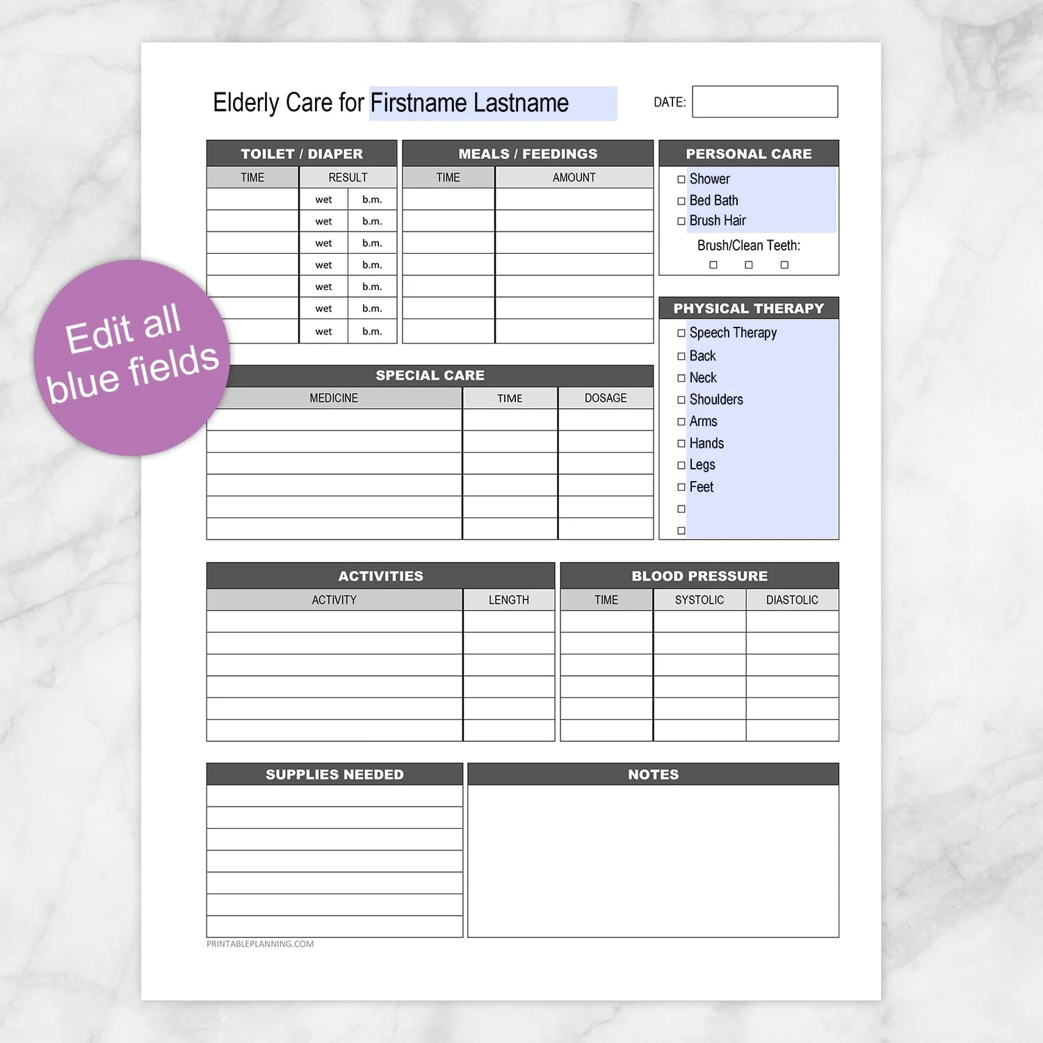 Elderly Care Daily Care Sheet Printable