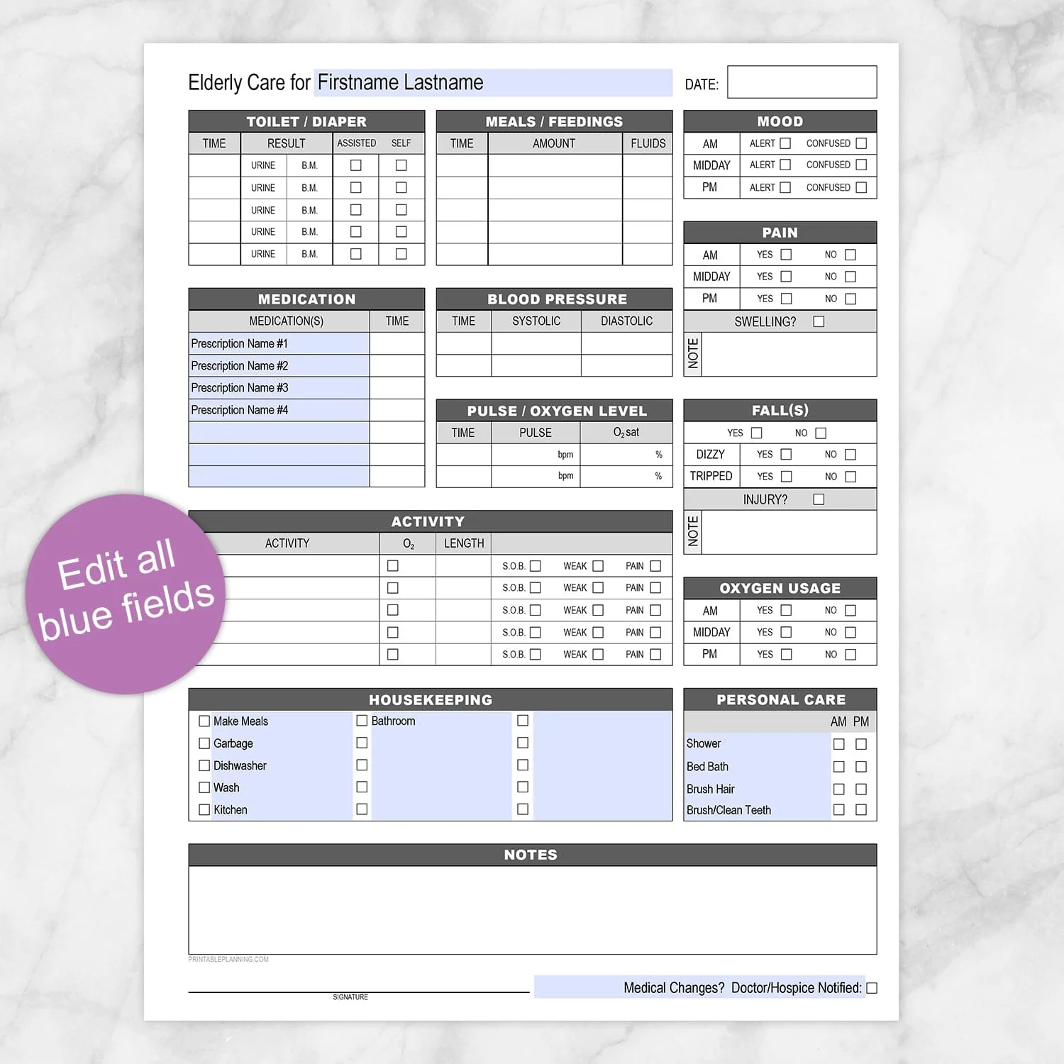 Elderly Care Daily Care Sheet With Alertness Housekeeping Printable