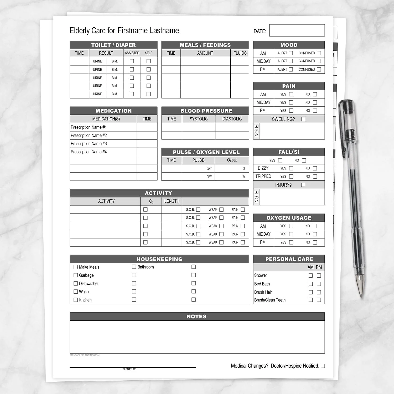 Elderly Care Daily Care Sheet With Alertness Housekeeping Printable