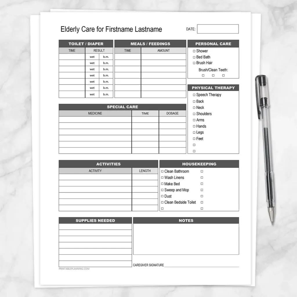 Elderly Care Daily Care Sheet With Housekeeping Printable