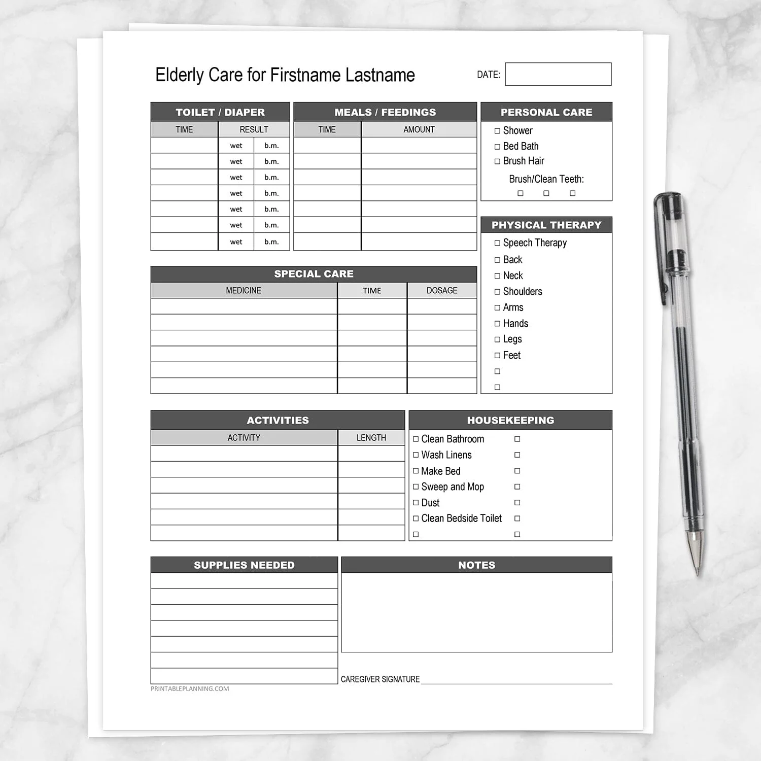 Elderly Care Daily Care Sheet With Housekeeping Printable