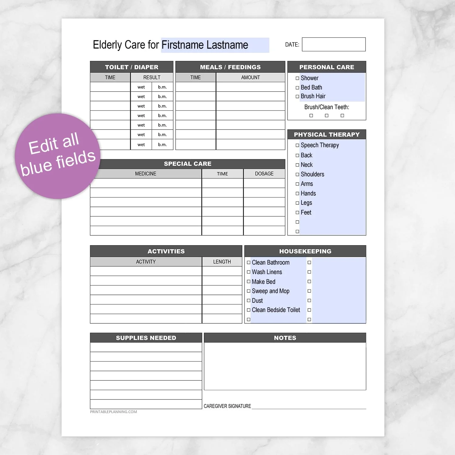 Elderly Care Daily Care Sheet With Housekeeping Printable