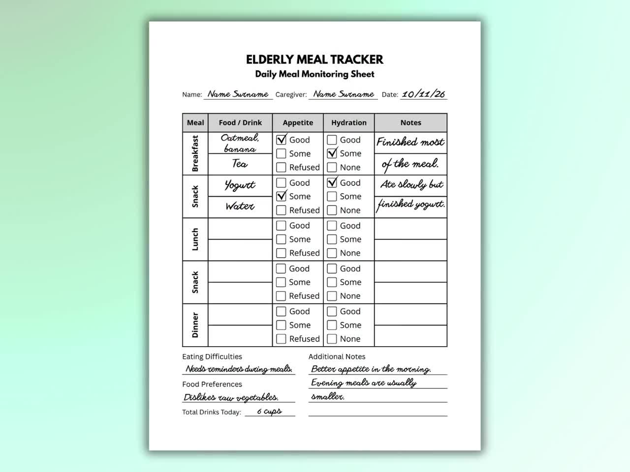 Elderly Meal Tracker Printable Senior