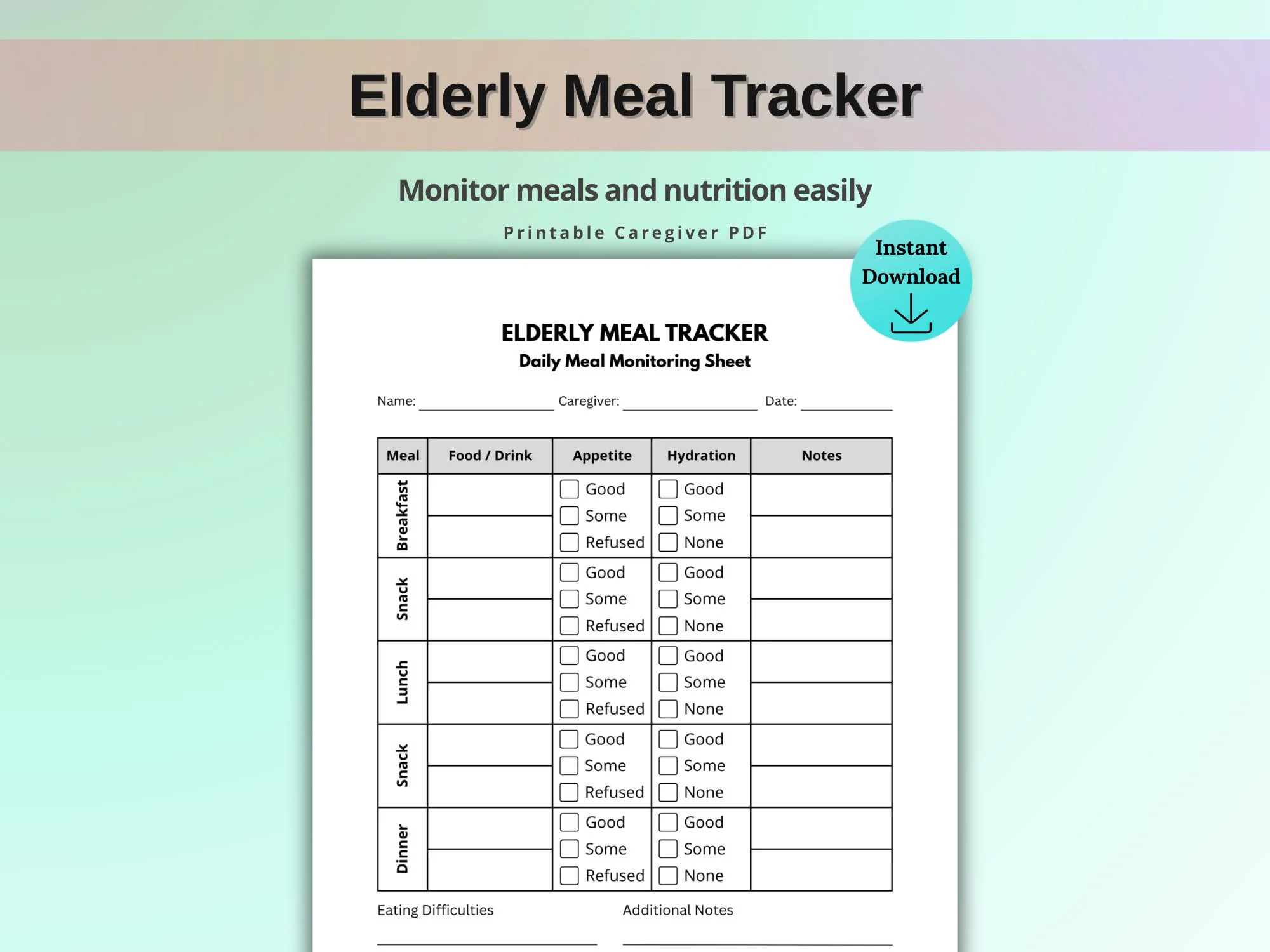 Elderly Meal Tracker Printable Senior