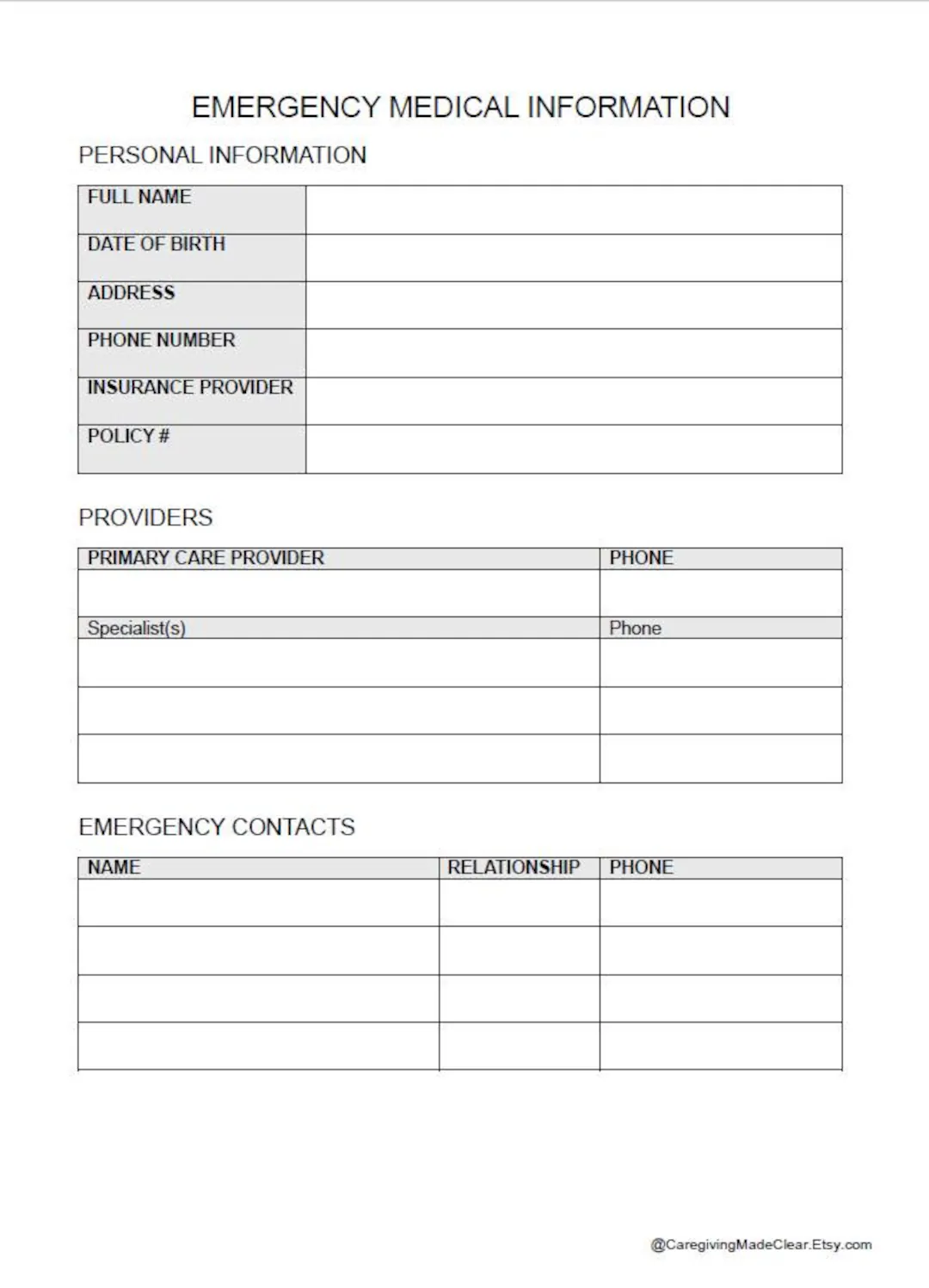 Emergency Medical Information Form