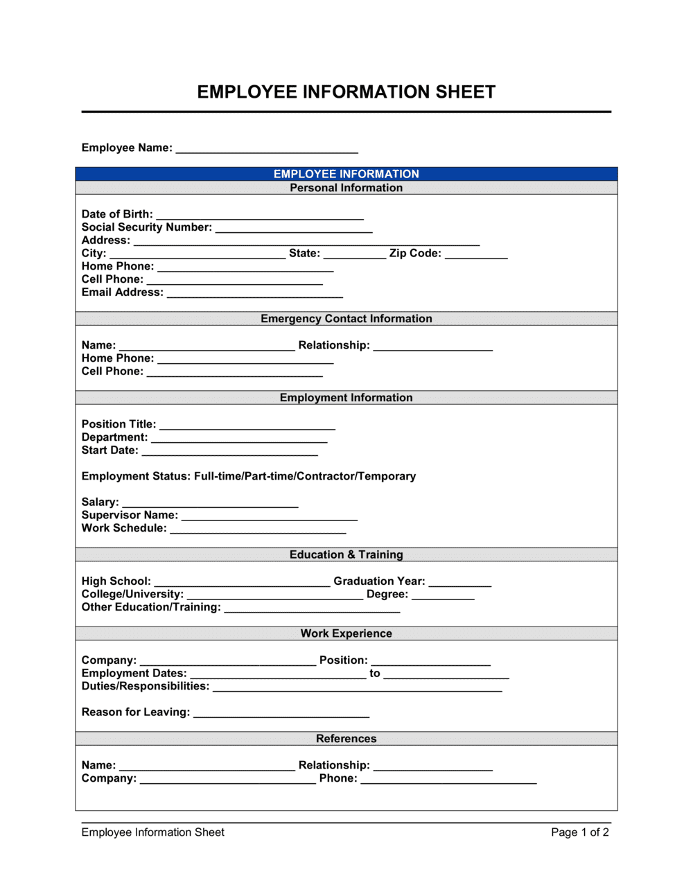 Employee Information Sheet D13467