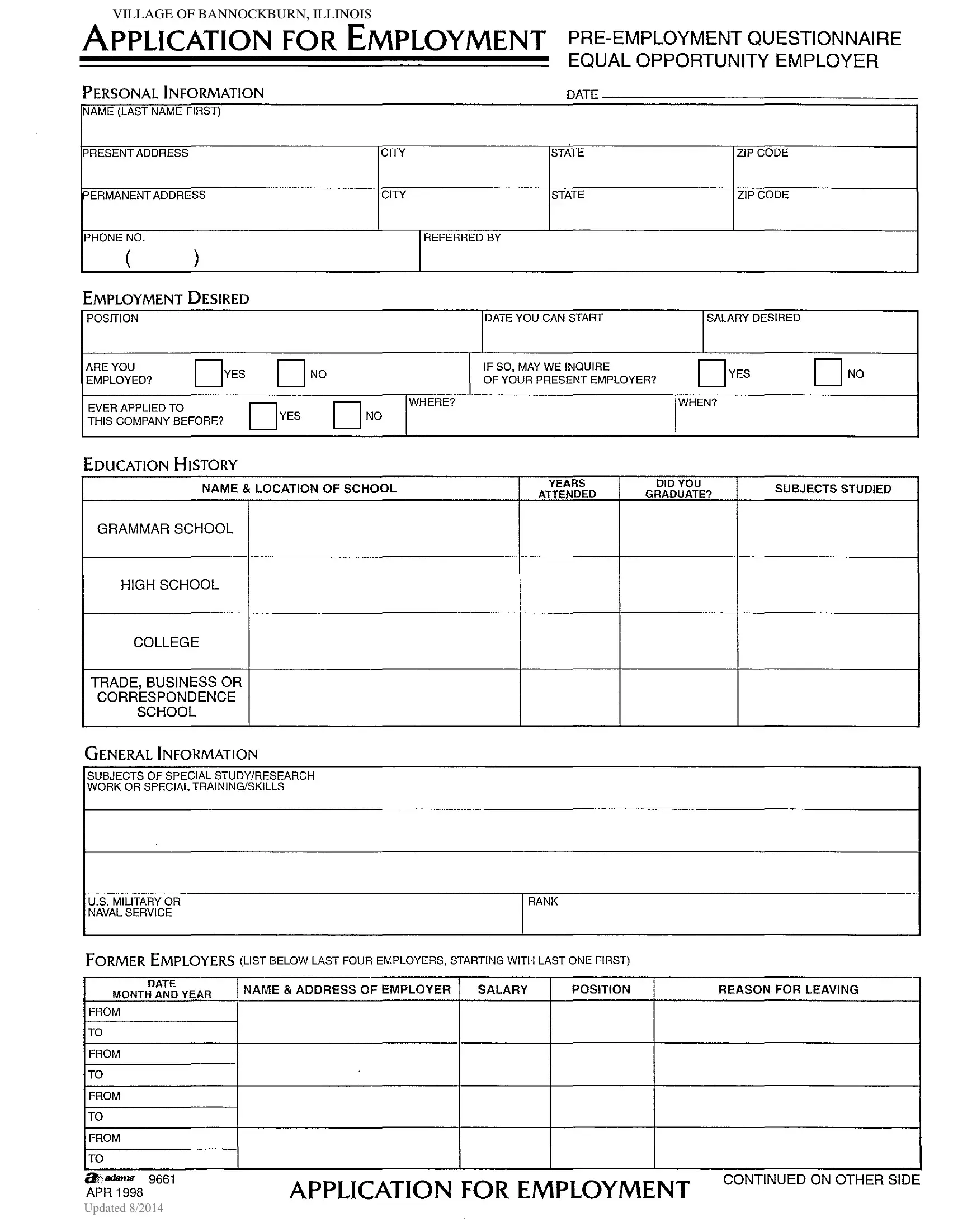 Employment Questionnaire Form