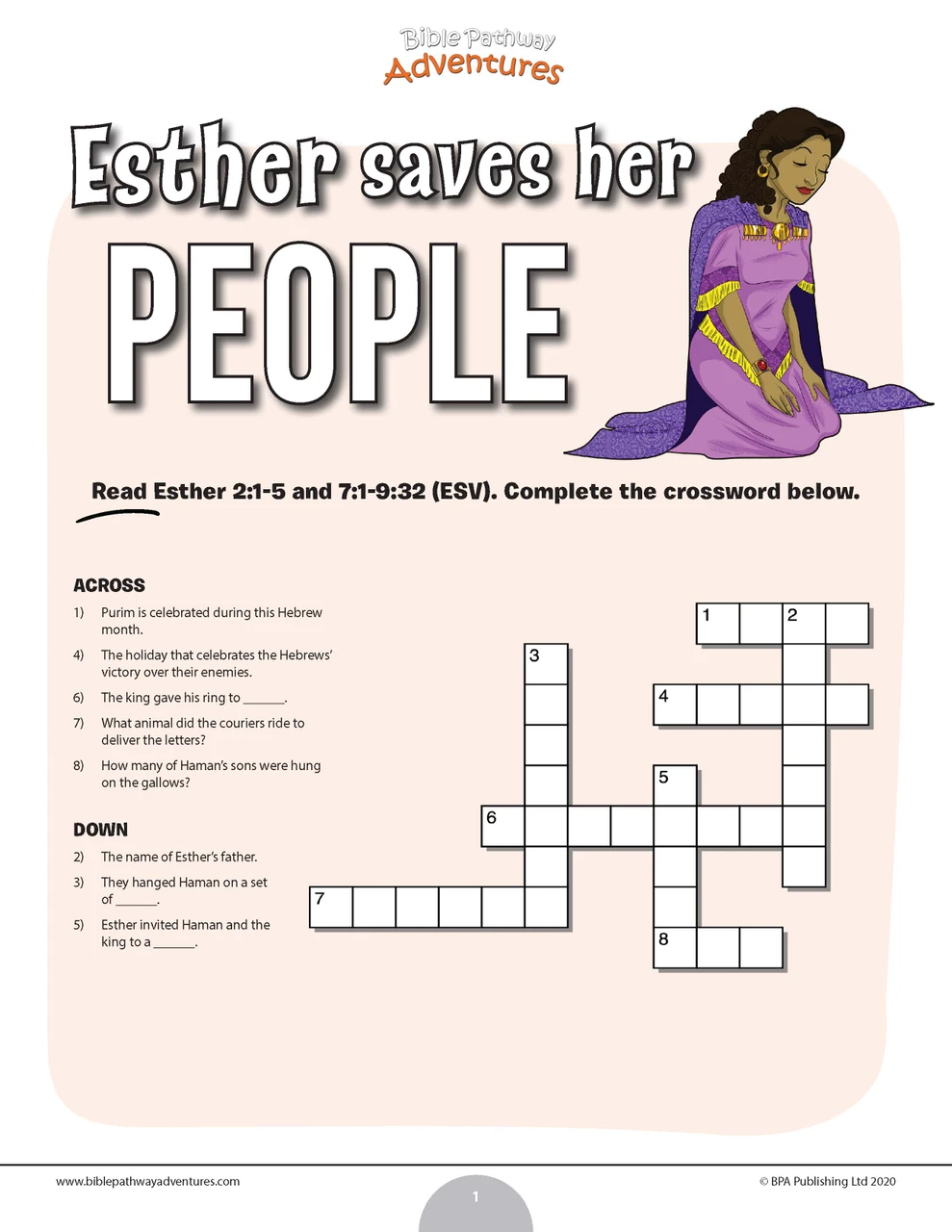 Esther Saves Her People Bible Crossword Puzzle