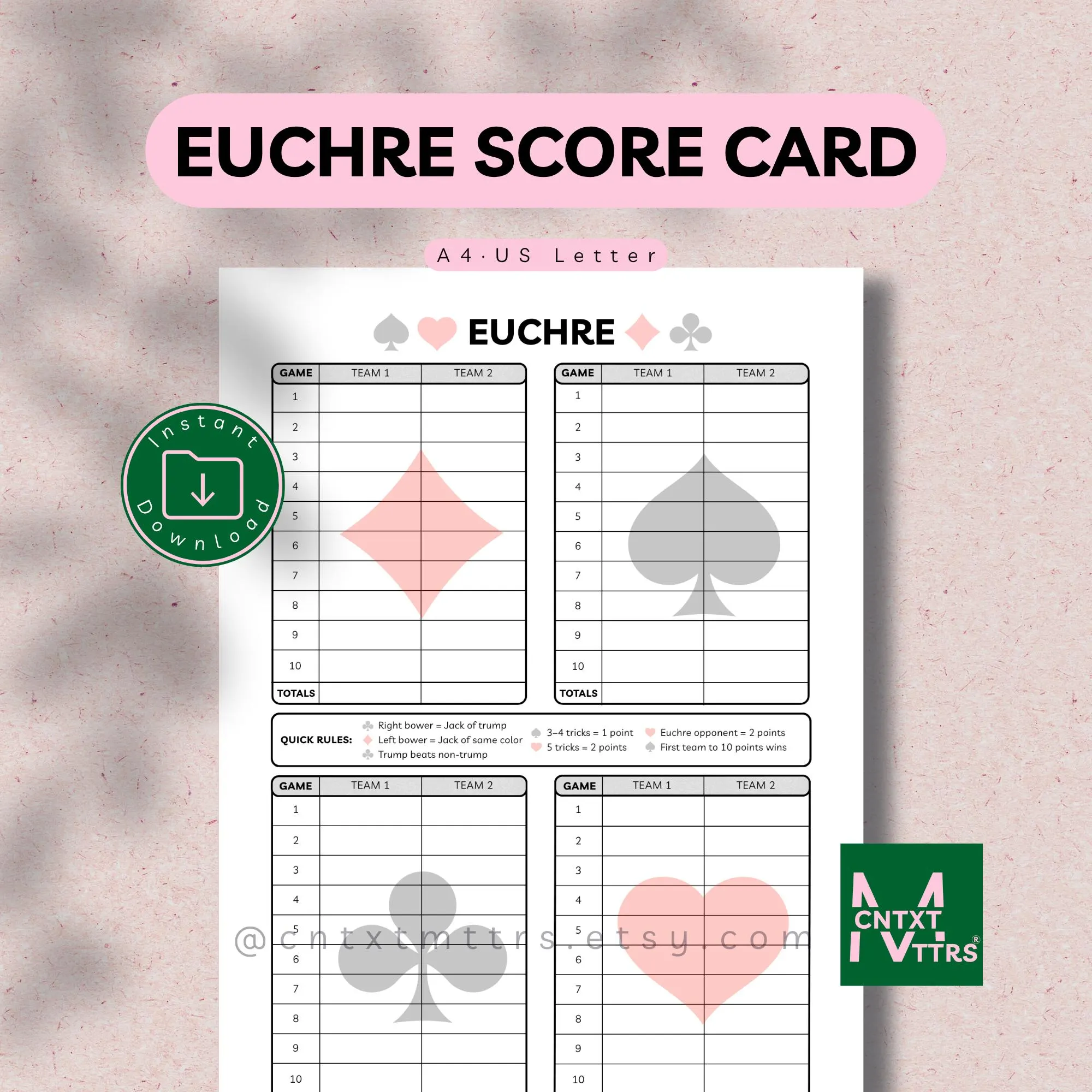 Euchre Score Cards Printables