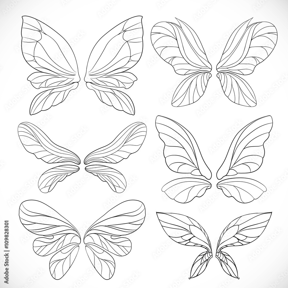 Fairy Wings Outlines Set Isolated On A White Background