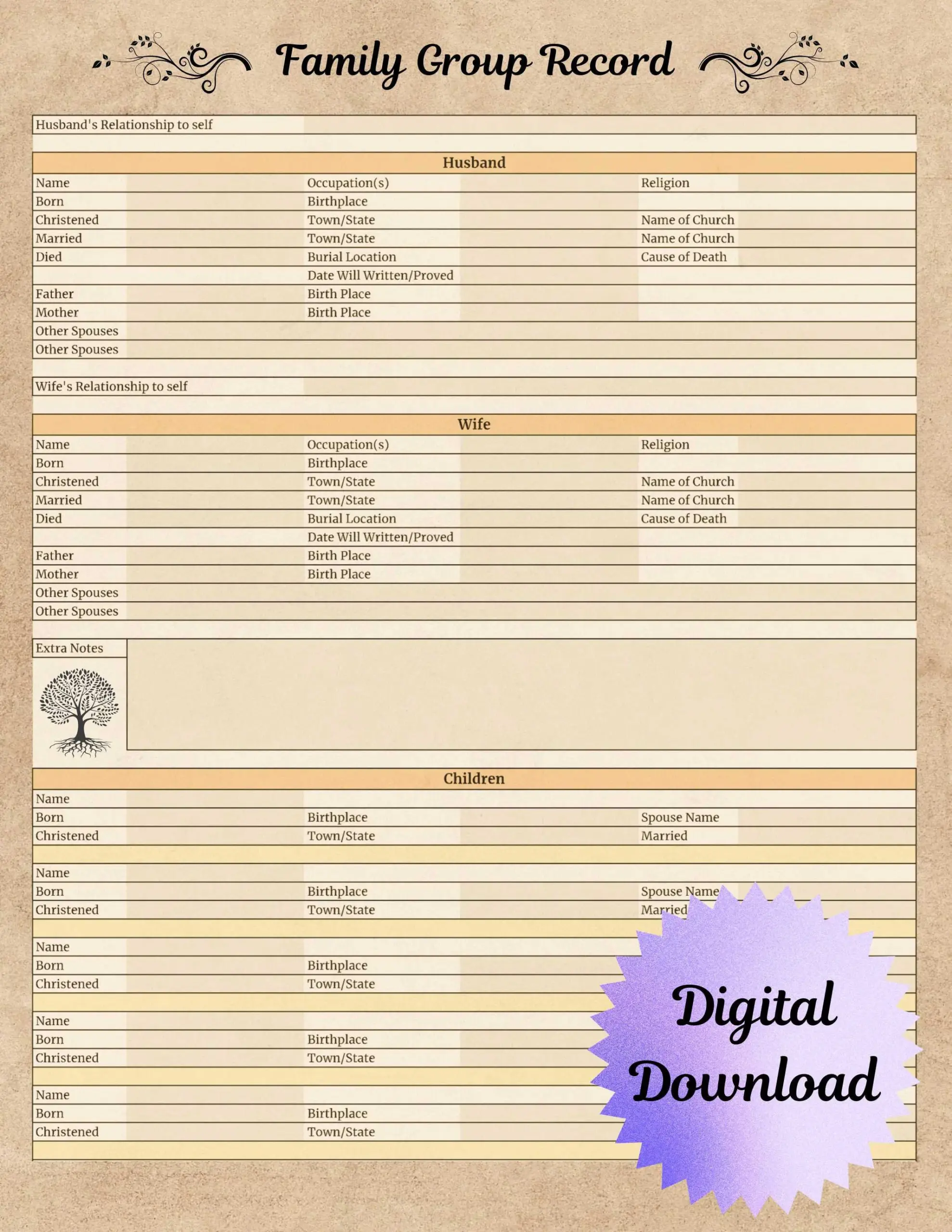 Family Group Record Printable Editable