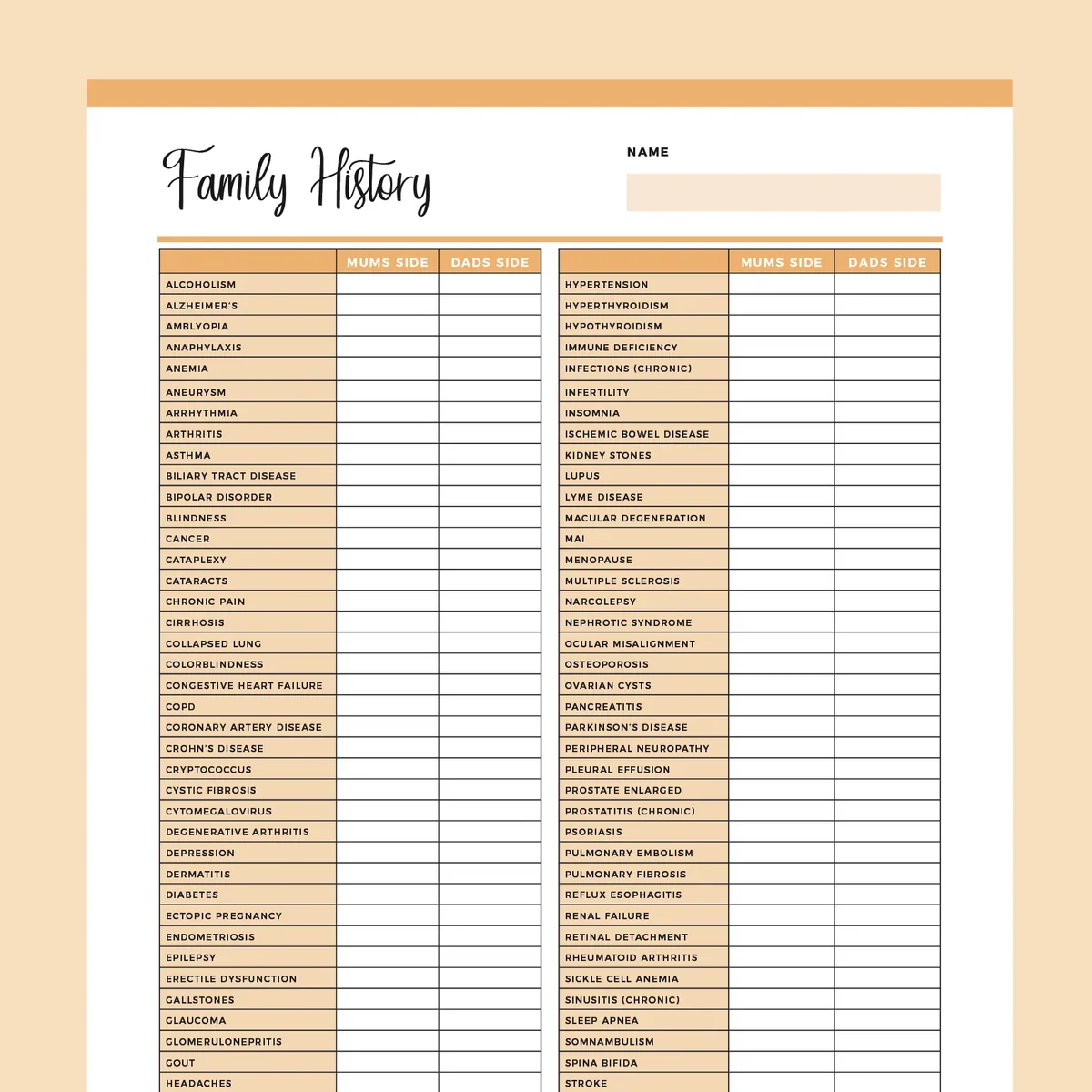 Family Medical History Template Printable