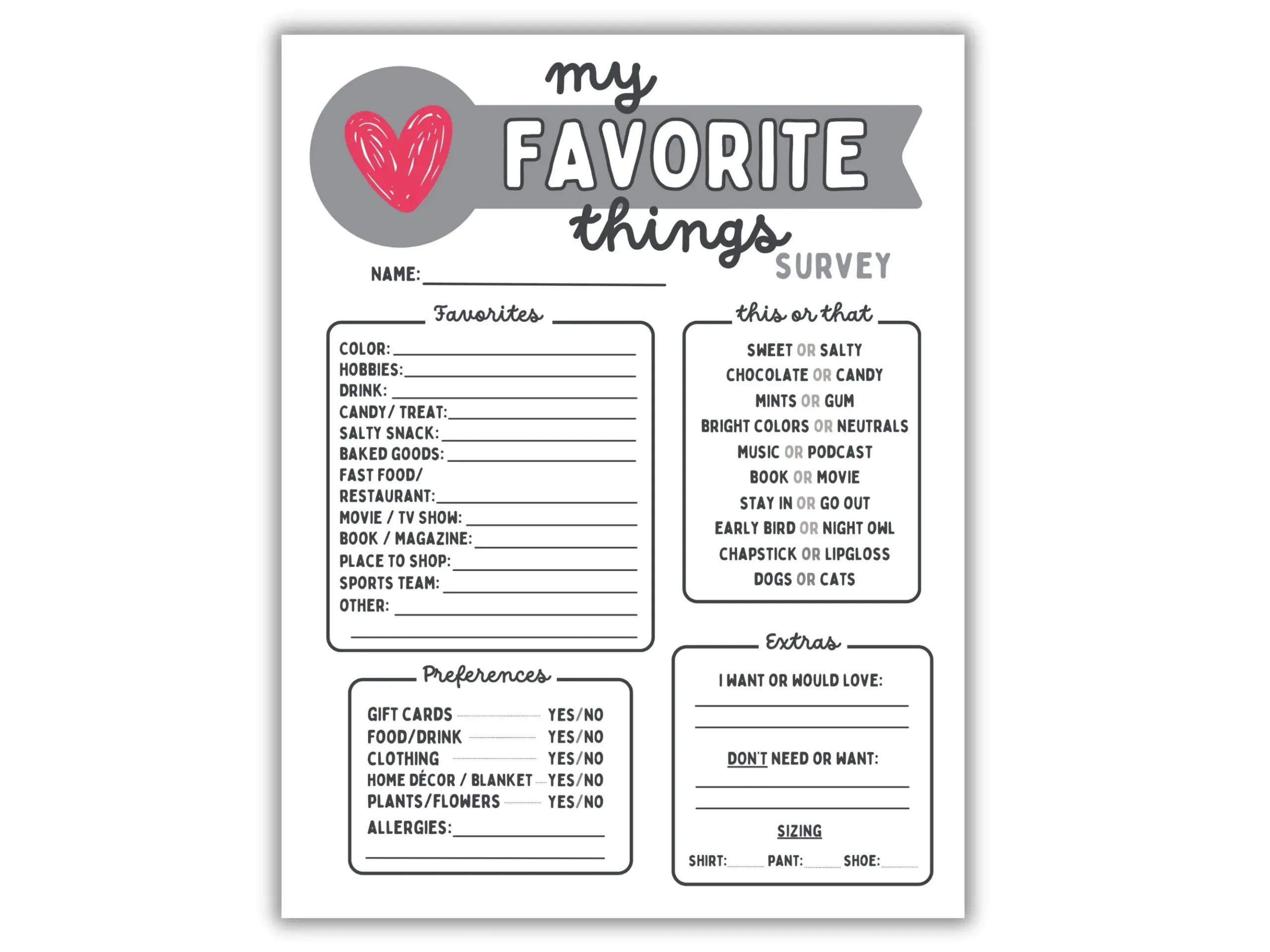 Favorite Things Survey Employee Family