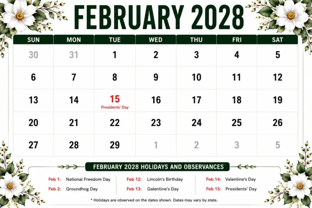February 2028 Calendar Printable