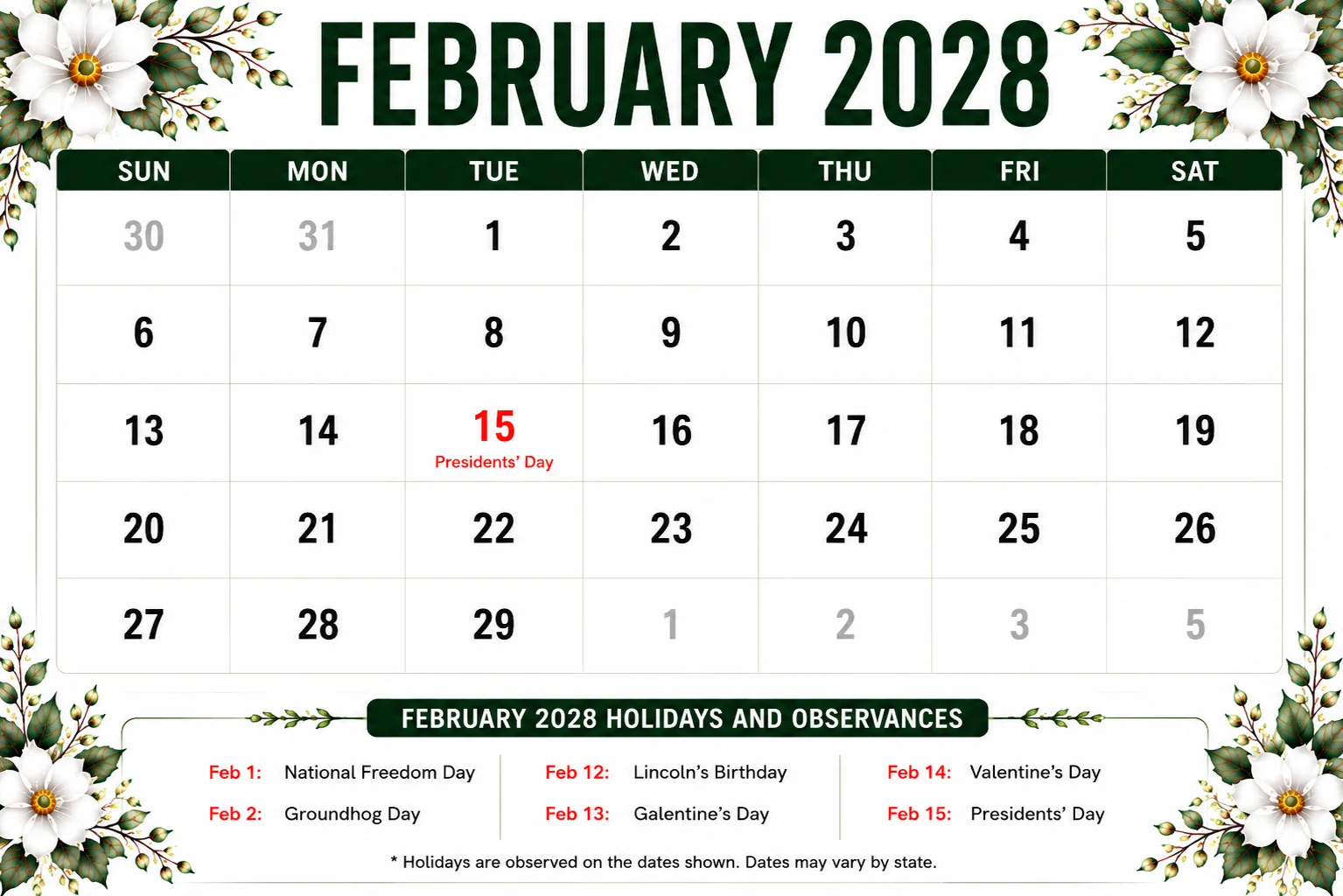 February 2028 Calendar Printable