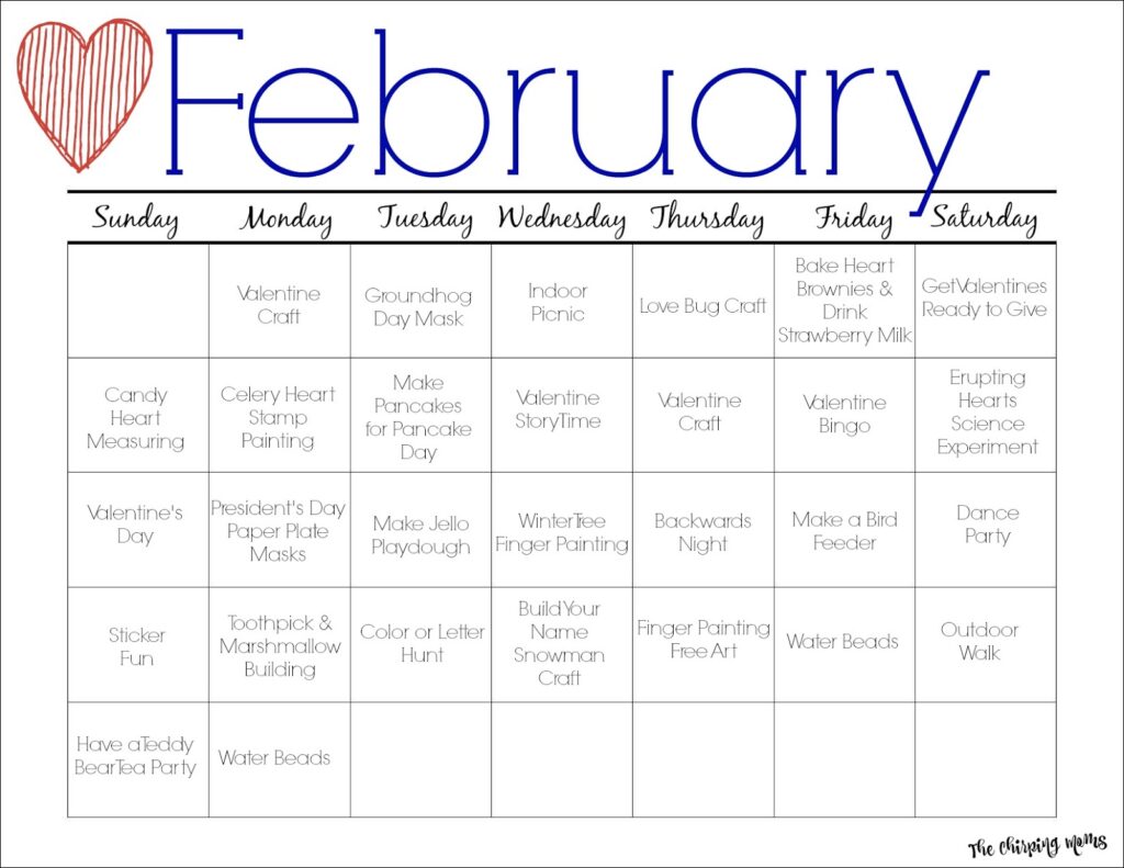 February Printable Activity Calendar