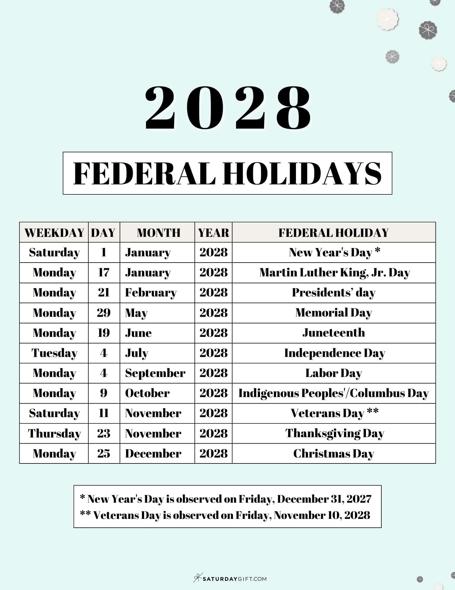 Federal Holidays 2028