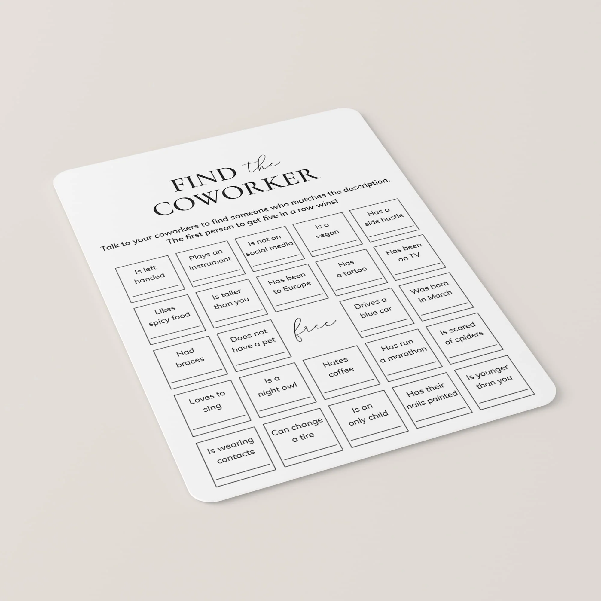 Find The Coworker Bingo Printable Get To Know You Office Game