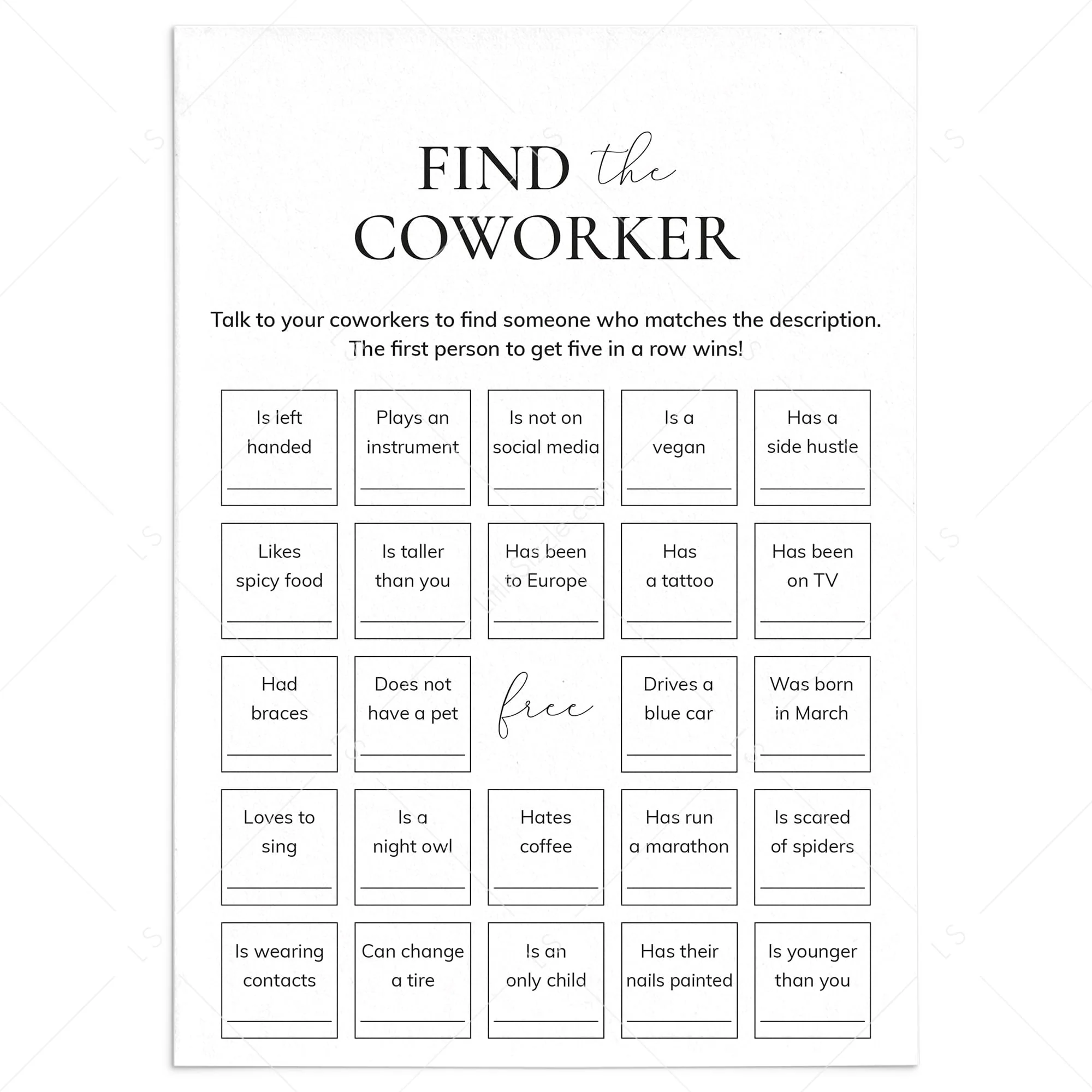 Find The Coworker Bingo Printable Get To Know You Office Game Find The Coworker Bingo Printable Get To Know You Office Game