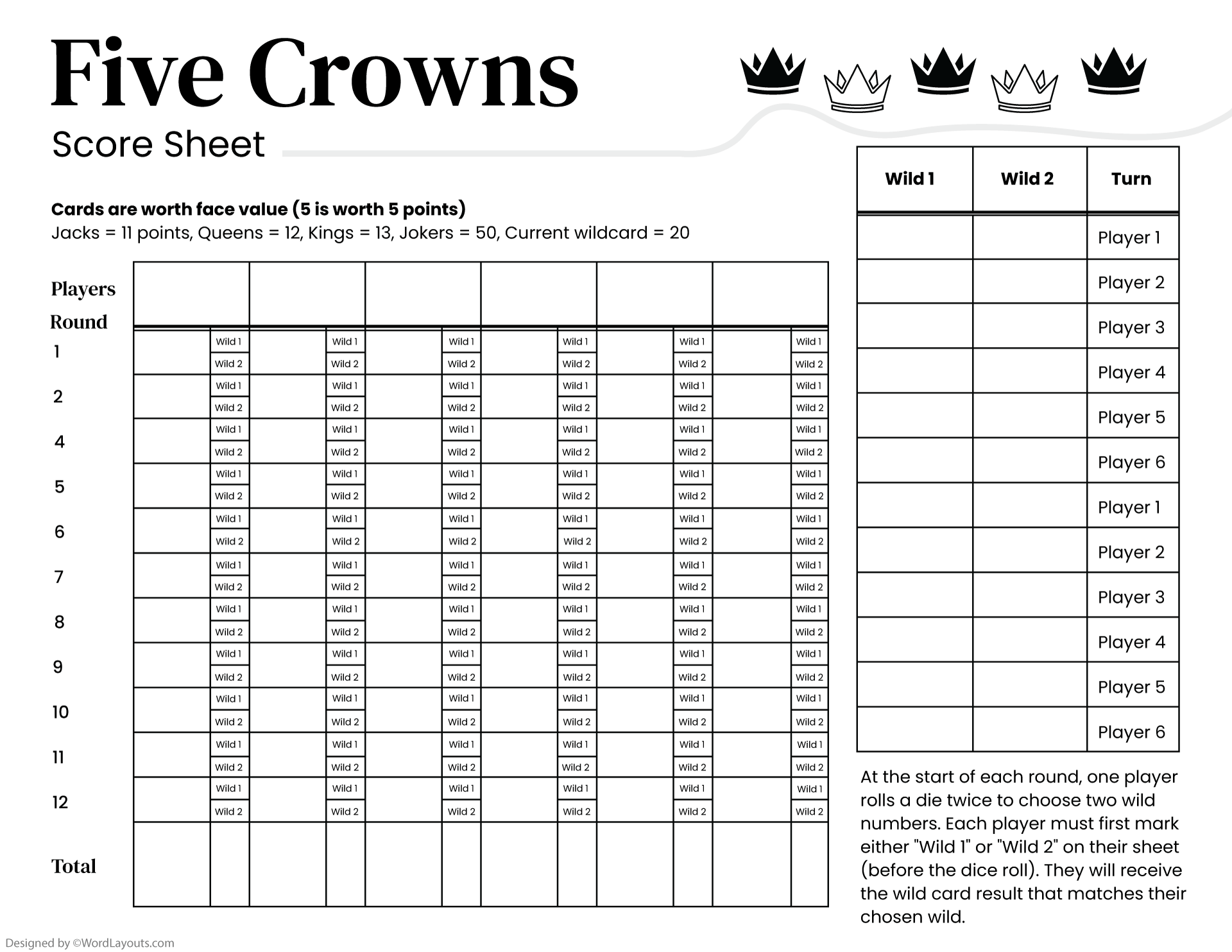 Five Crowns Score Sheet Printable