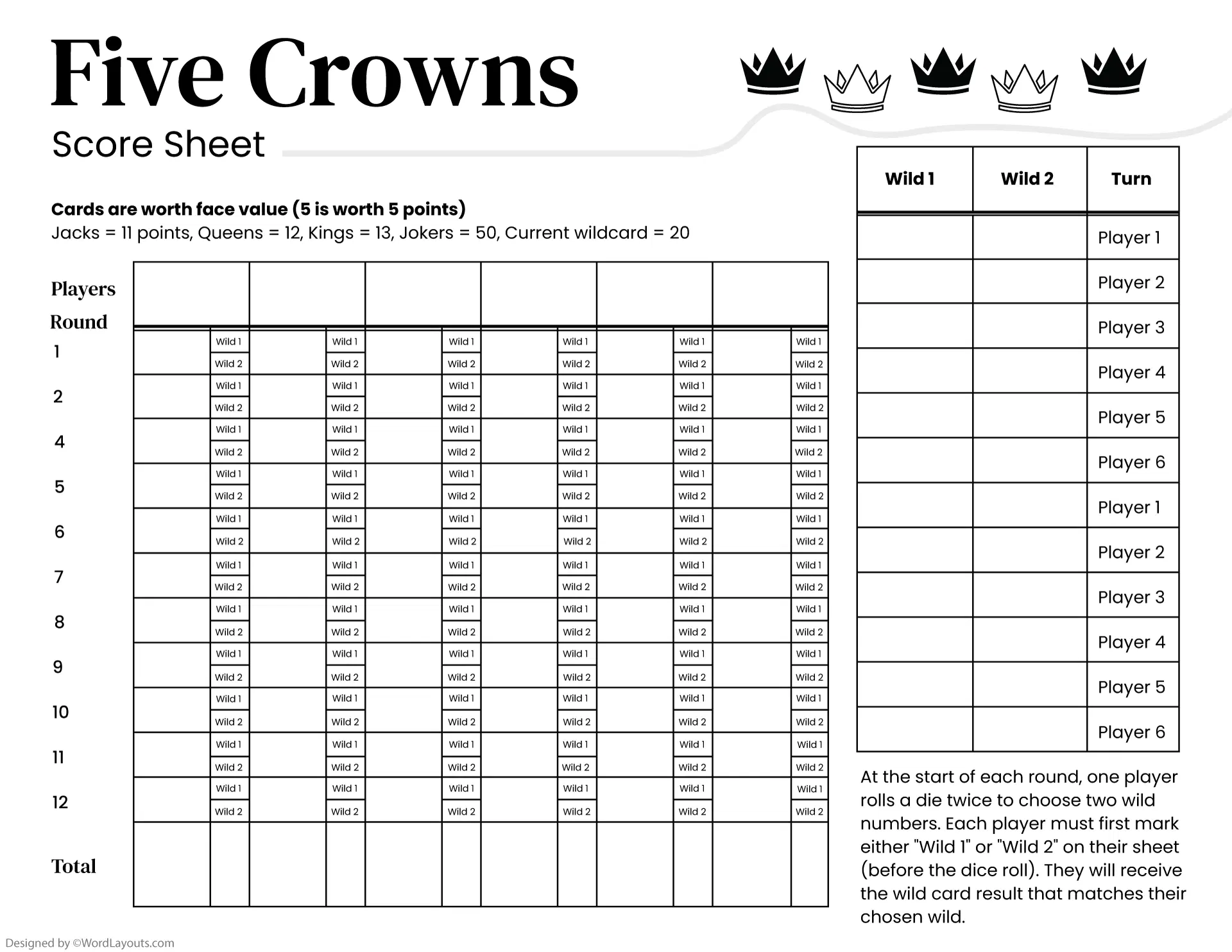Five Crowns Score Sheet Printable