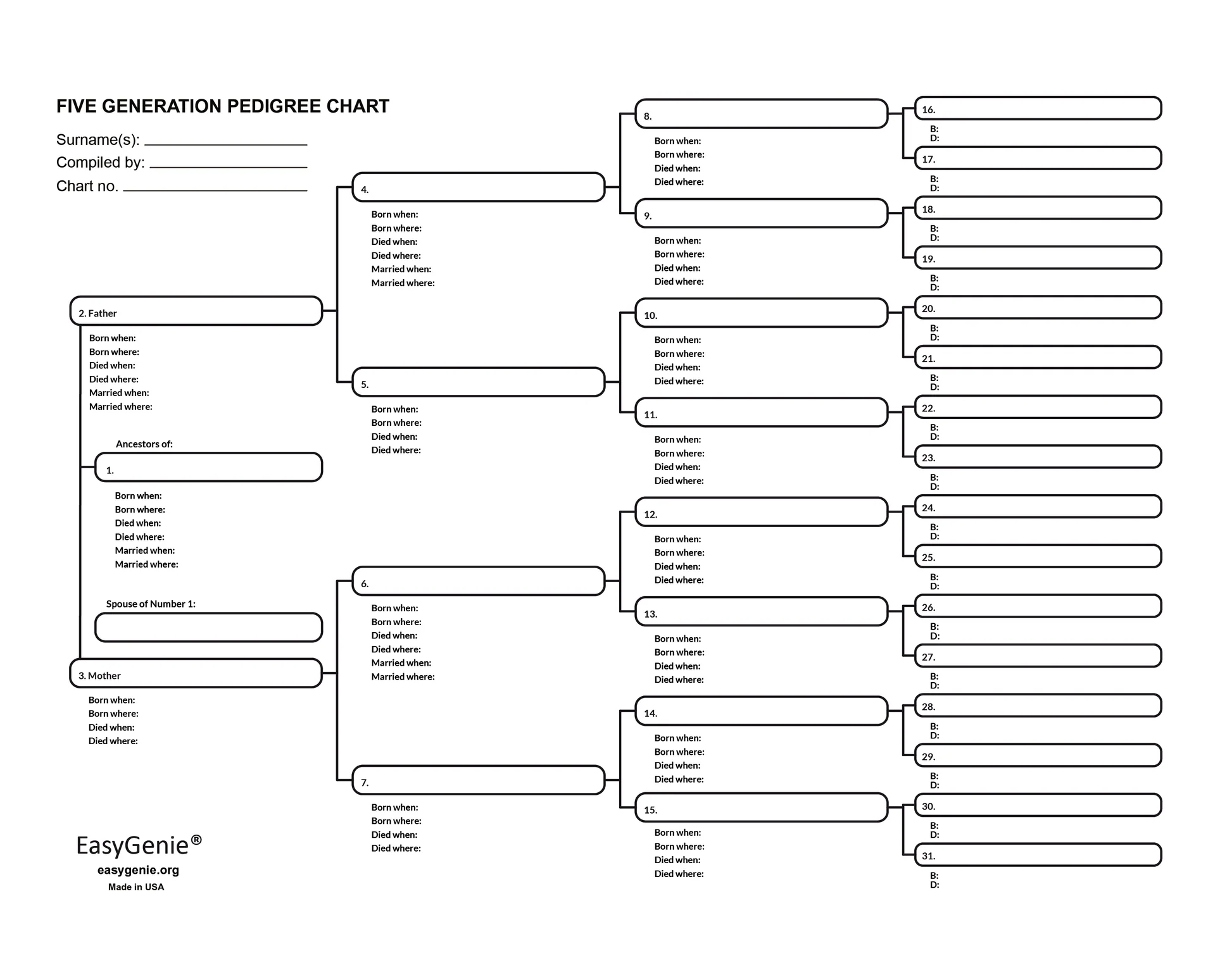 Five Generation Pedigree Charts 30 Sheets