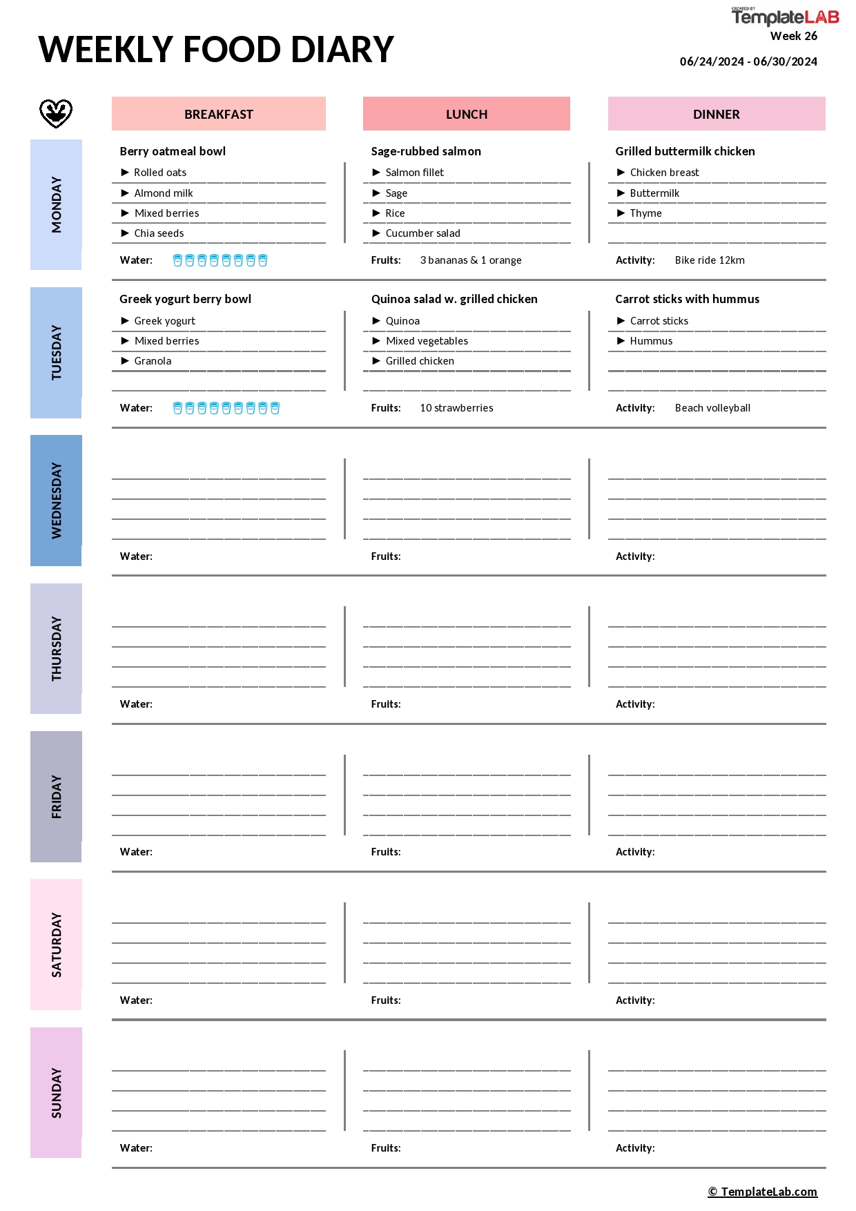 Food Diary Templates