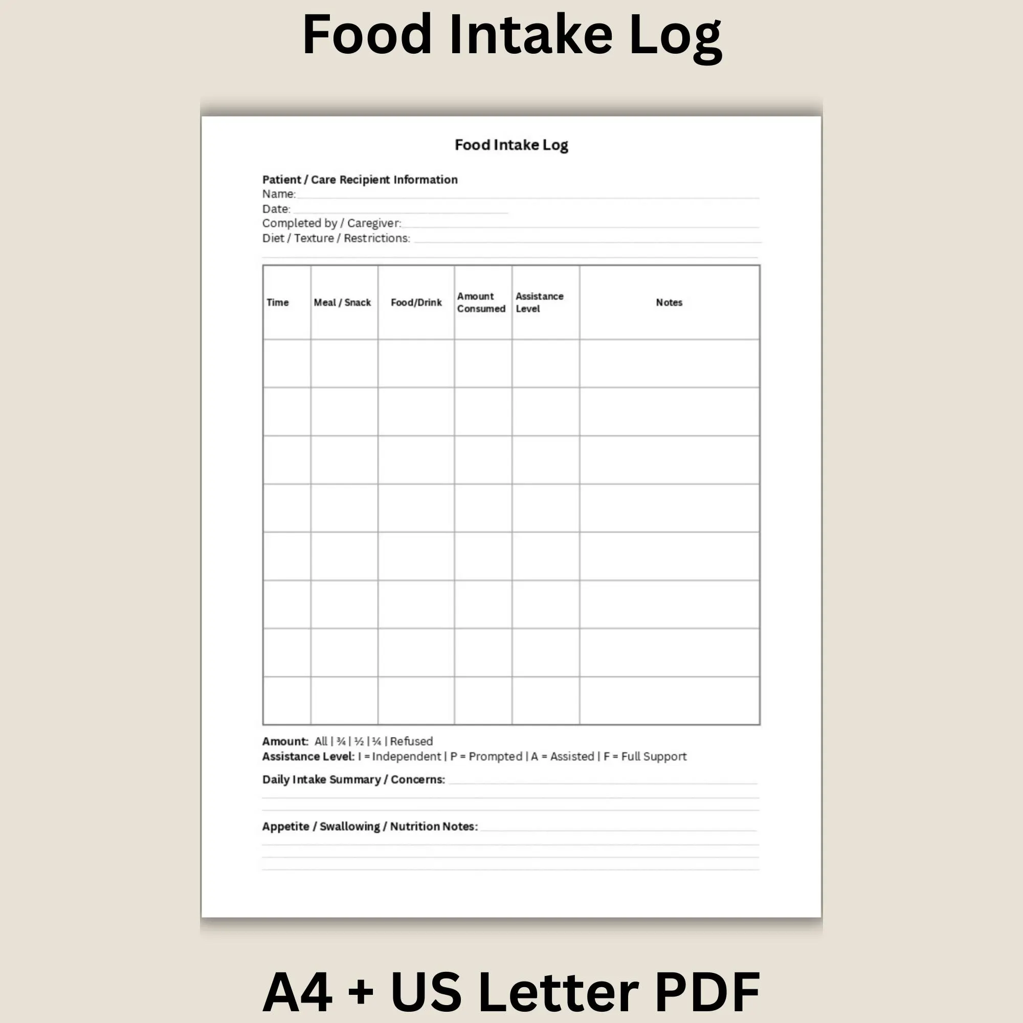 Food Intake Log Printable Meal Tracker