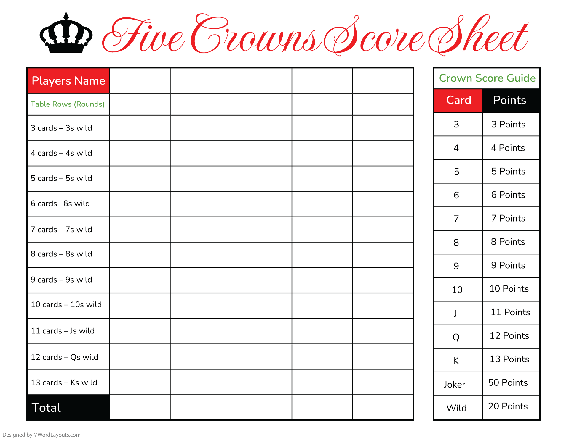 Formal Five Crowns Score Sheet Template