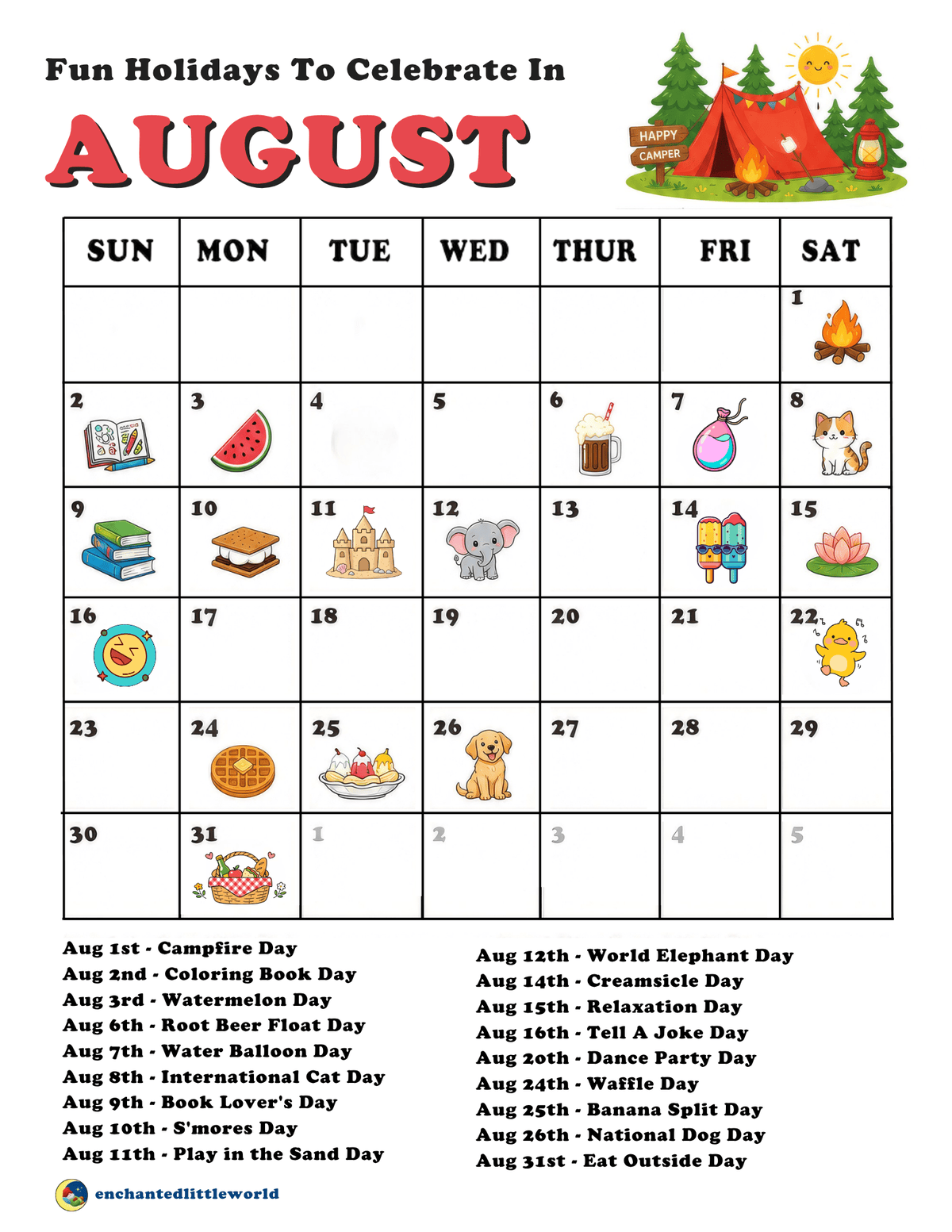 Free Printable August Calendar For Kids