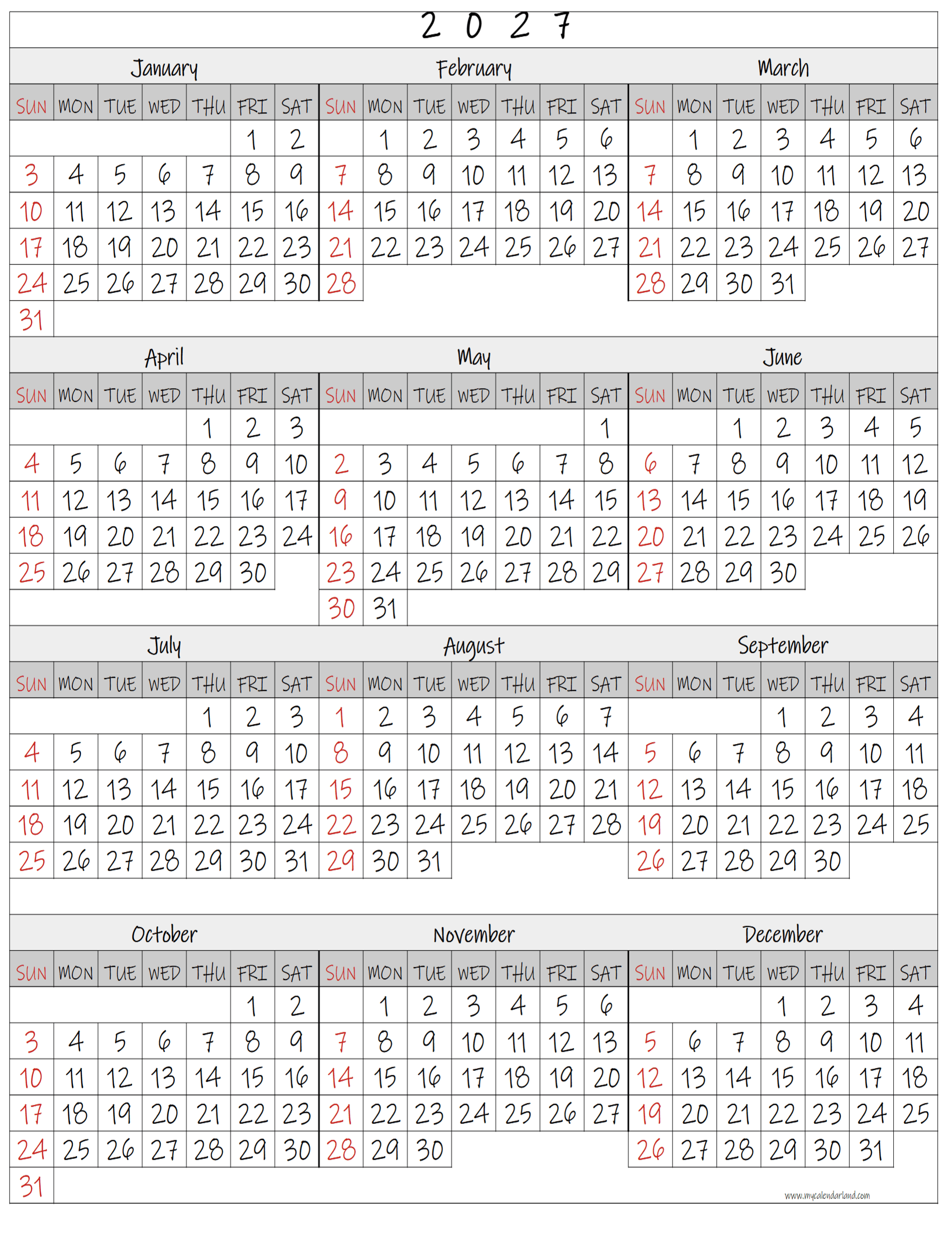 Free Printable Calendars Yearly