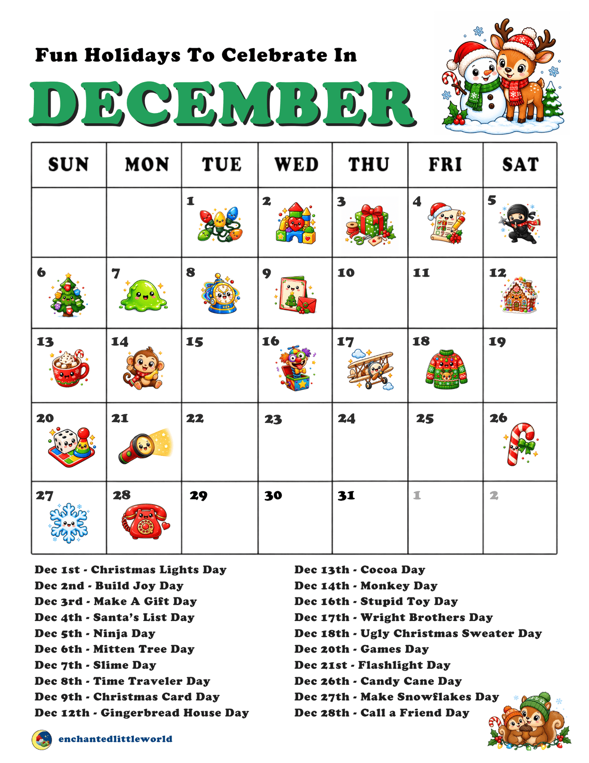 Free Printable December Fun Holidays Calendar