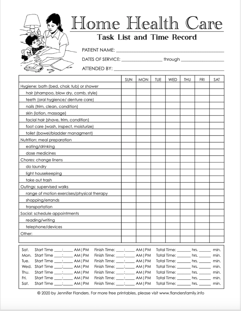 Free Printable Home Health Care Chart